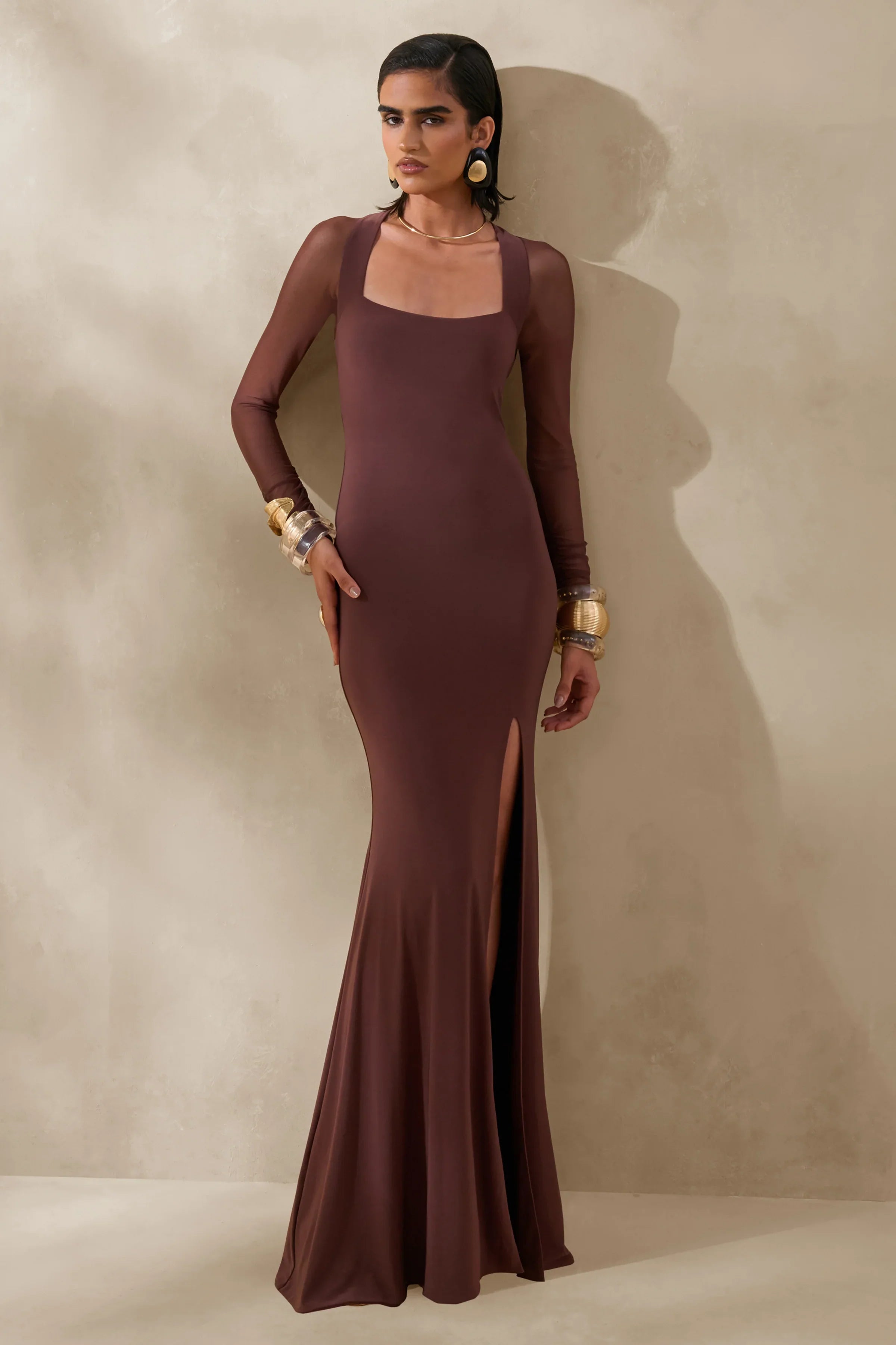 Renalia Brown Square Neck Maxi Dress With Mesh Long Sleeves
