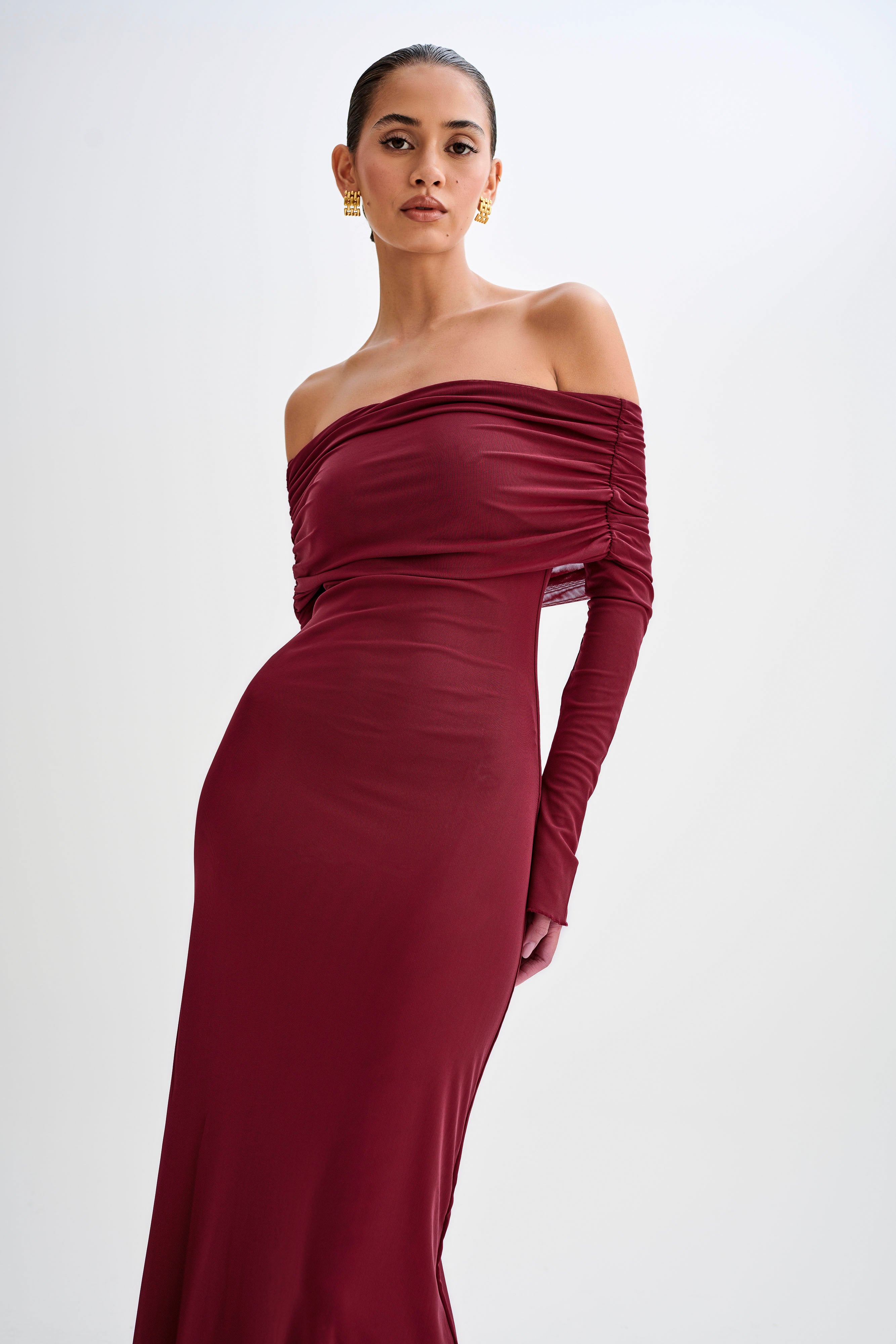 Josie Off Shoulder Mesh Maxi Dress Wine