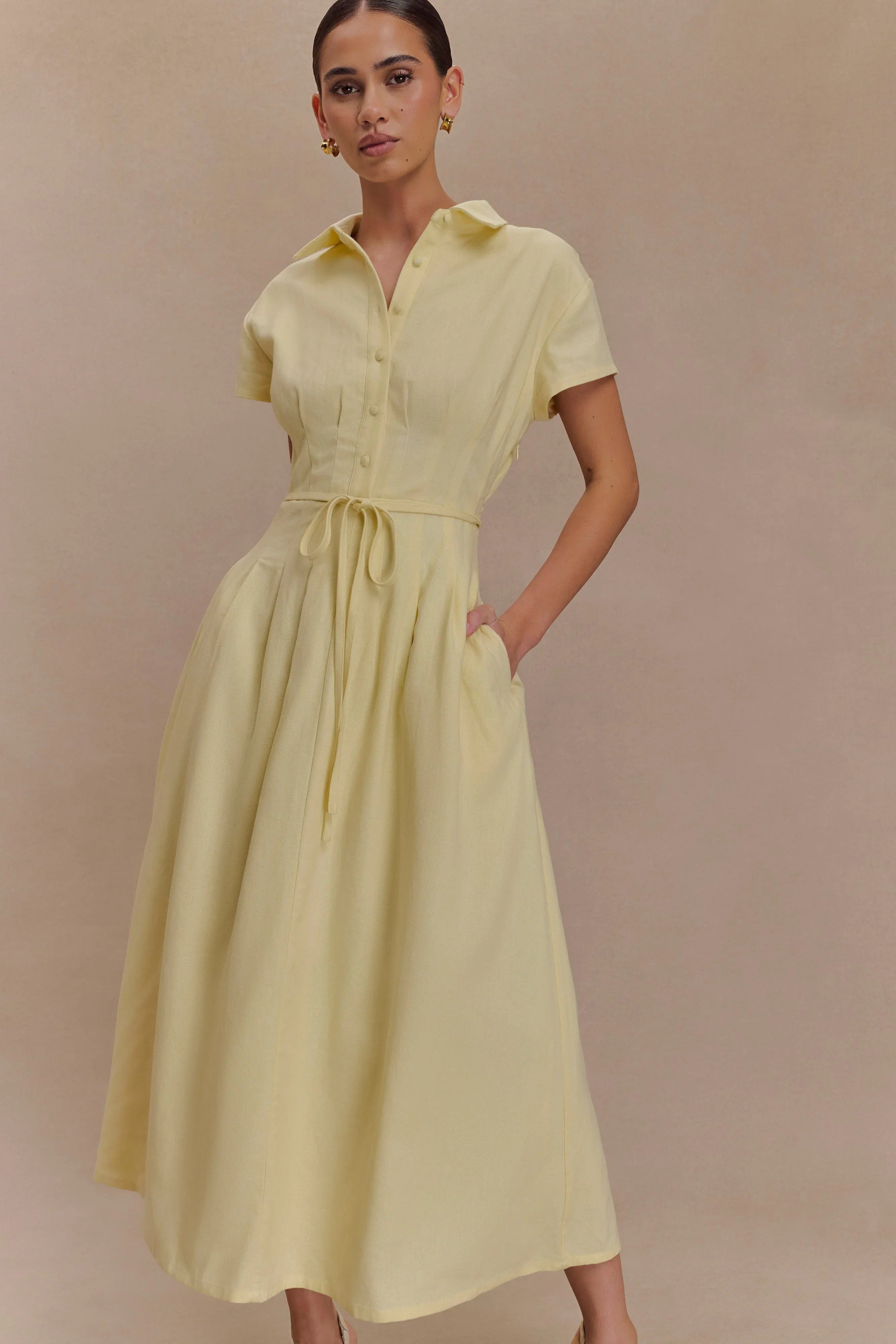 Aysha Buttoned Linen Midi Dress Lemon