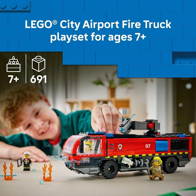 LEGO City Airport Fire Truck Kids Building Toy Pretend Play Emergency Vehicle for Boys Girls Ages 7 Fire Engine Toy W 4 Firefighter Minifigures Gift Idea for Birthdays 60499