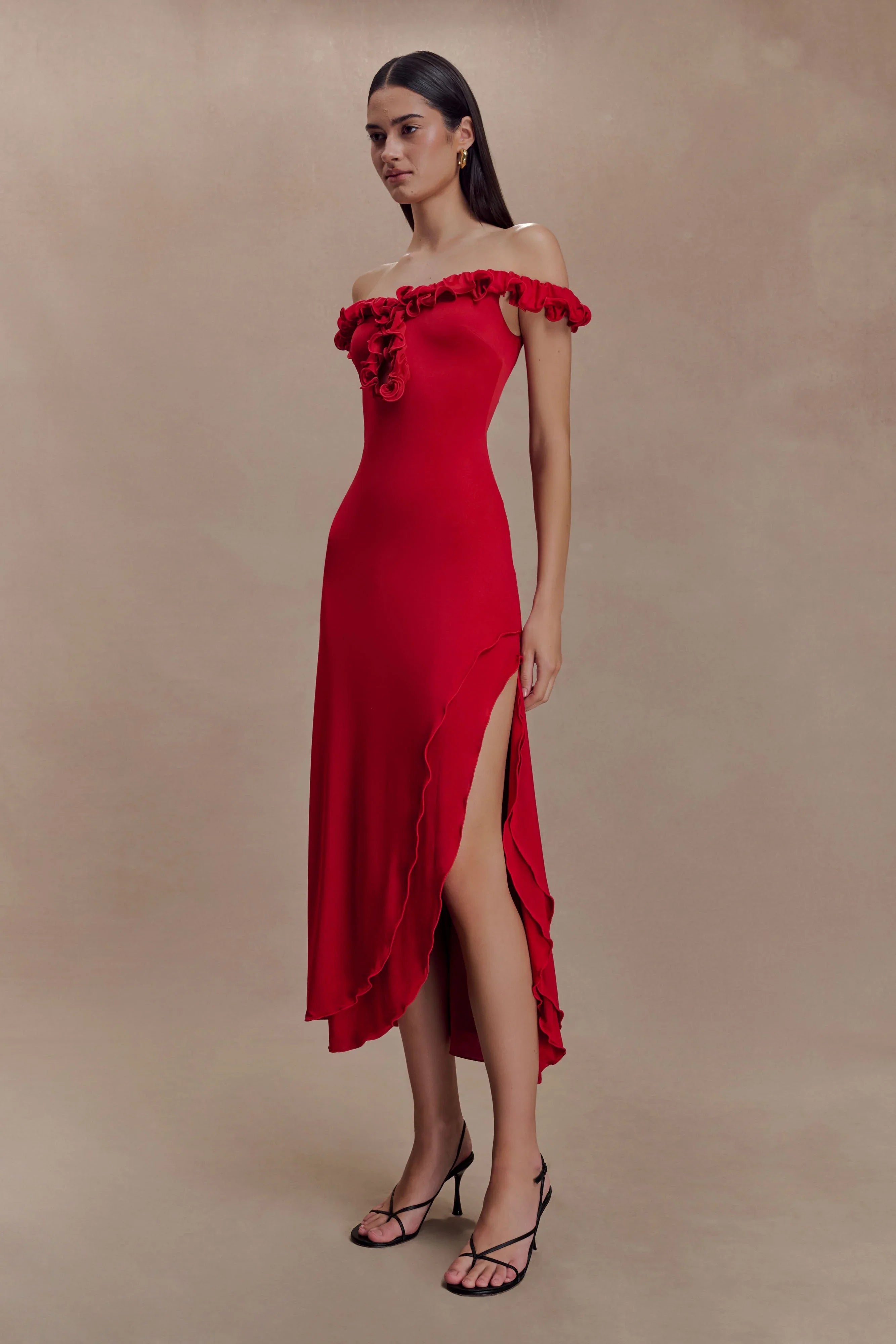 Allegra Off Shoulder Ruffle Midi Dress Ruby