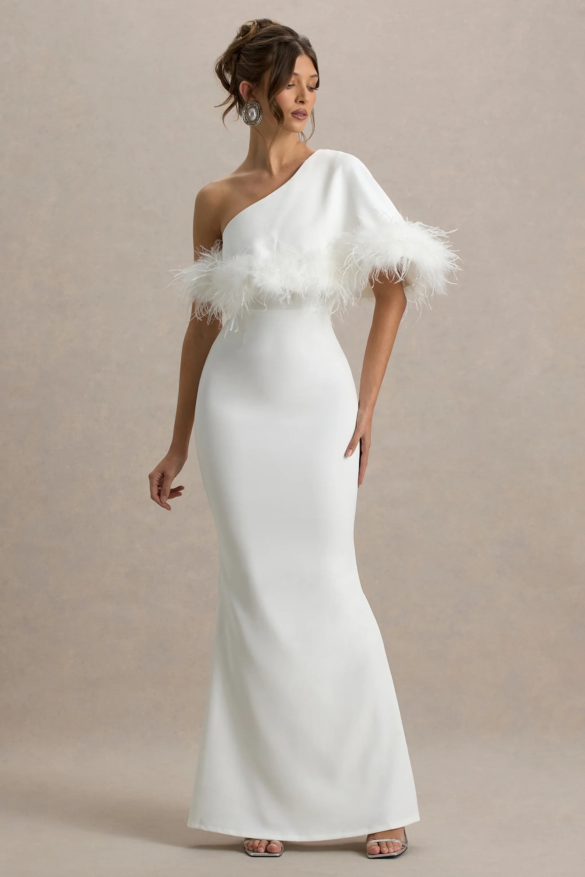 Valor White Asymmetric Maxi Dress With Feather Trim