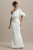Valor White Asymmetric Maxi Dress With Feather Trim