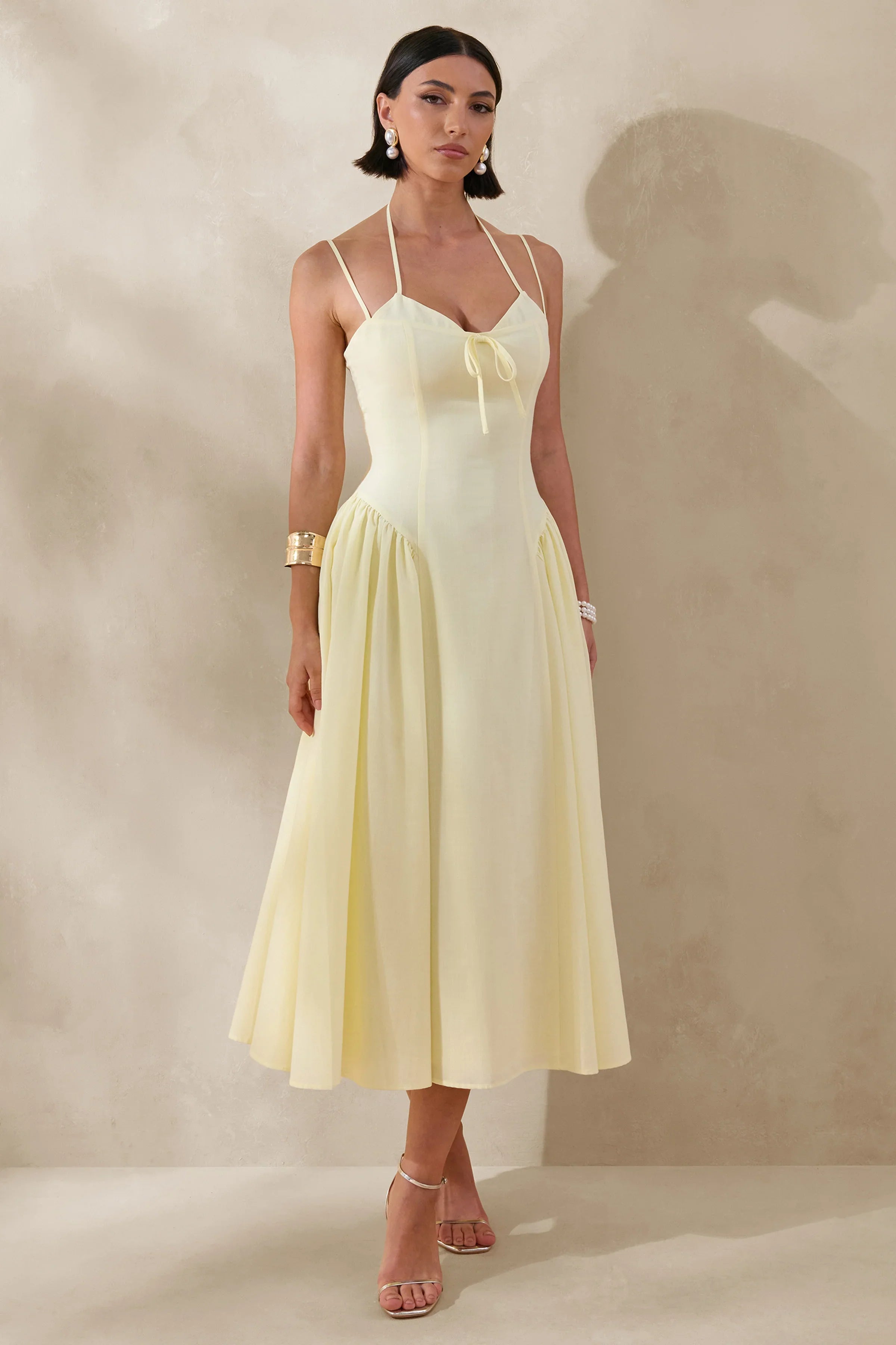 Audrey Lemon Sweetheart Neck Midi Dress With Ruching Detail