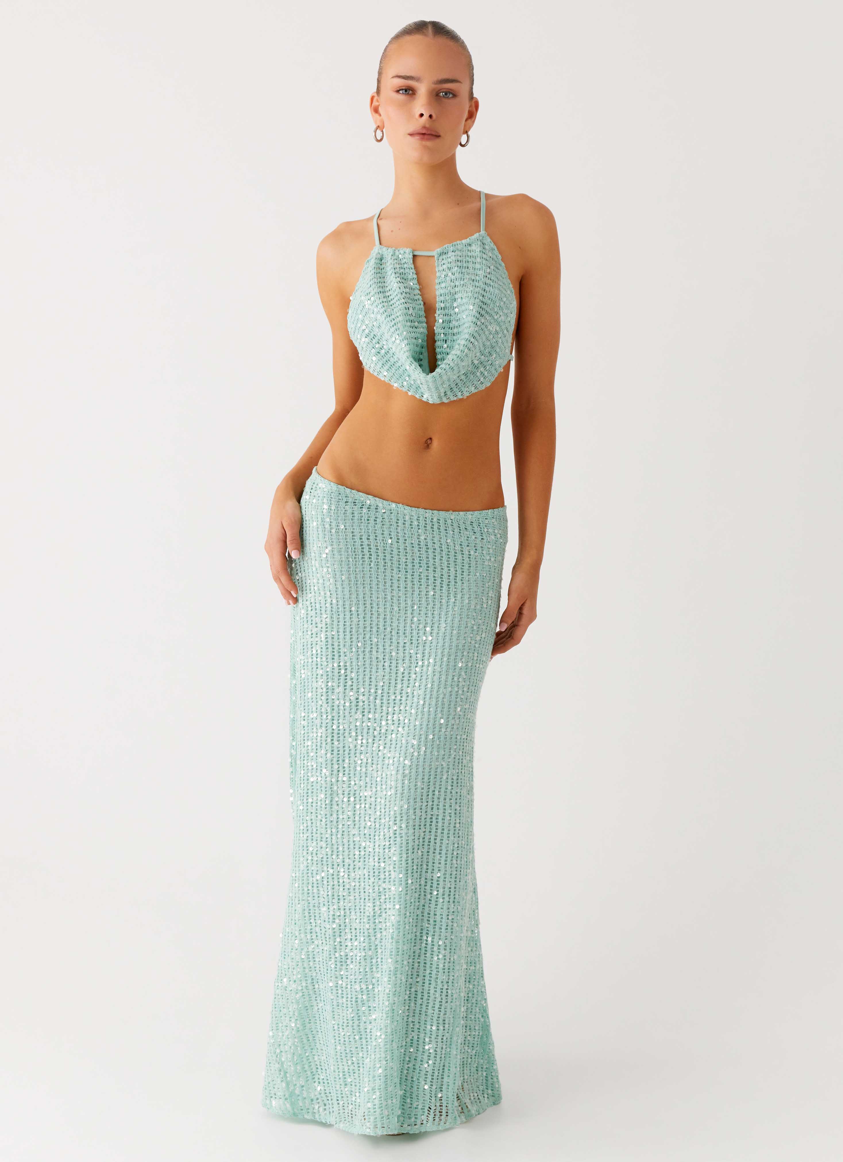 Amoura Sequin Low Rise Maxi Skirt Mint Sage
