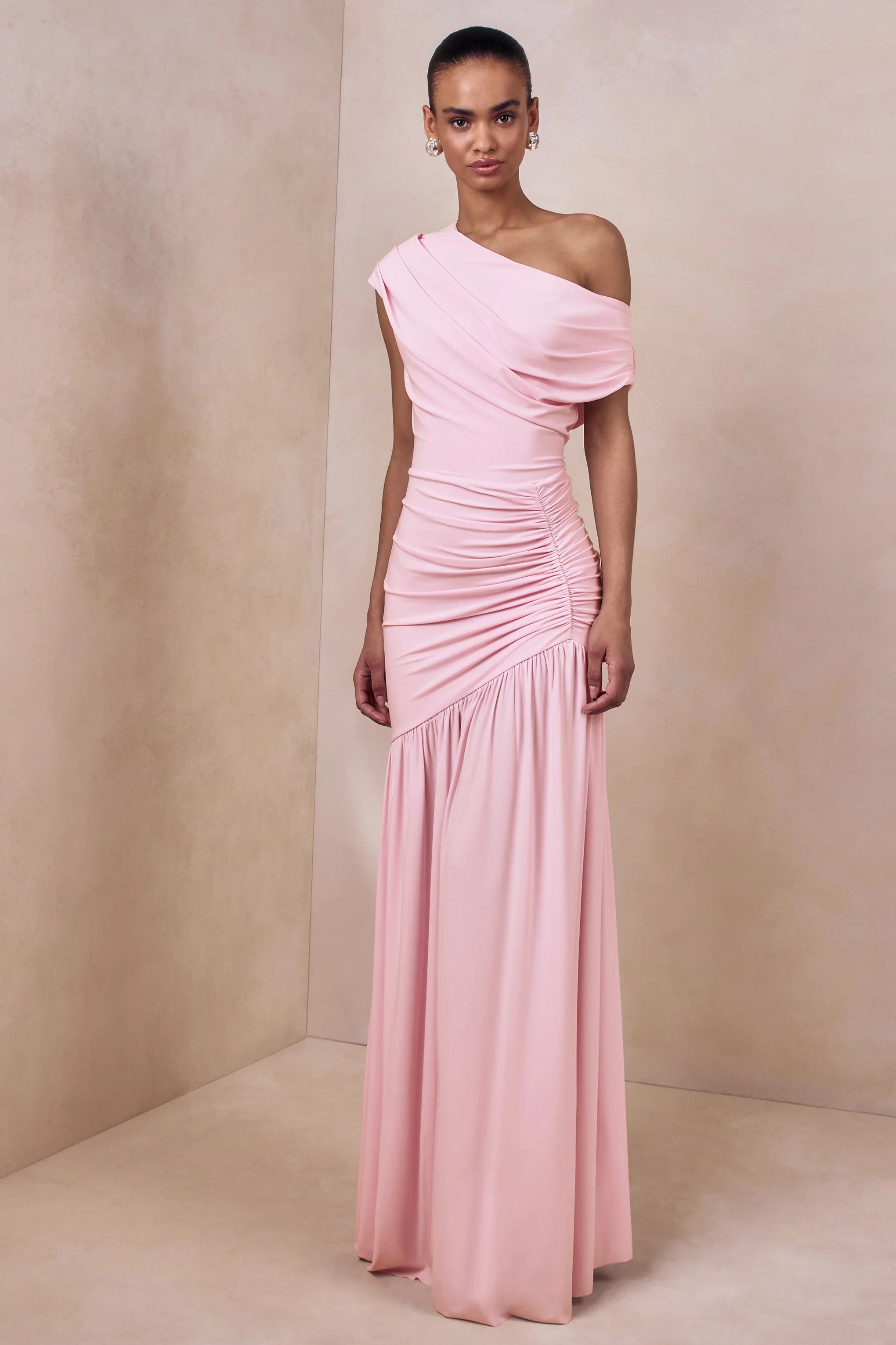 Kady Pink Asymmetric Neck Maxi Dress With Ruched Detailing