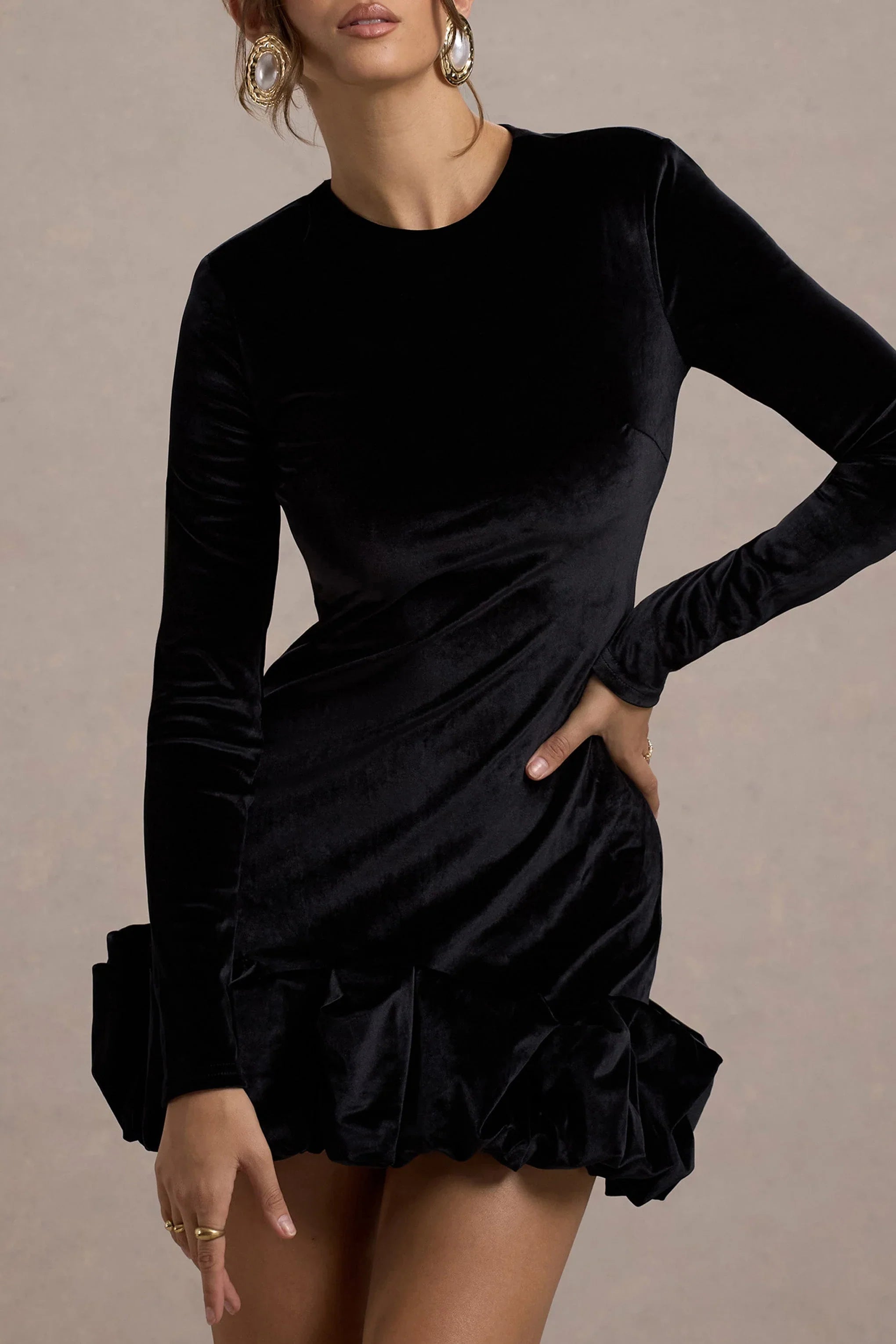 Claudine Black Velvet Long Sleeved Ruffled Mini Dress