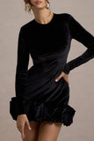 Claudine Black Velvet Long Sleeved Ruffled Mini Dress
