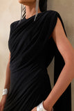 Gisara Black High Neck Maxi Dress With Sash And Draped Detailing