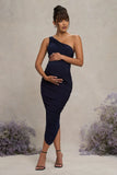 Late Night Navy Maternity Ruched One Shoulder Midi Dress