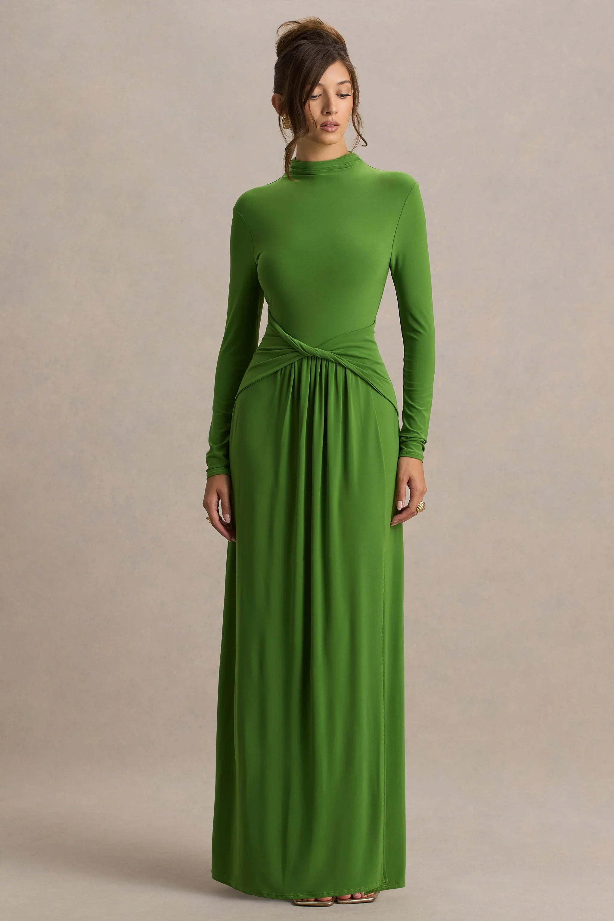 Hourglass Green Long Sleeve Twisted Maxi Dress With Split