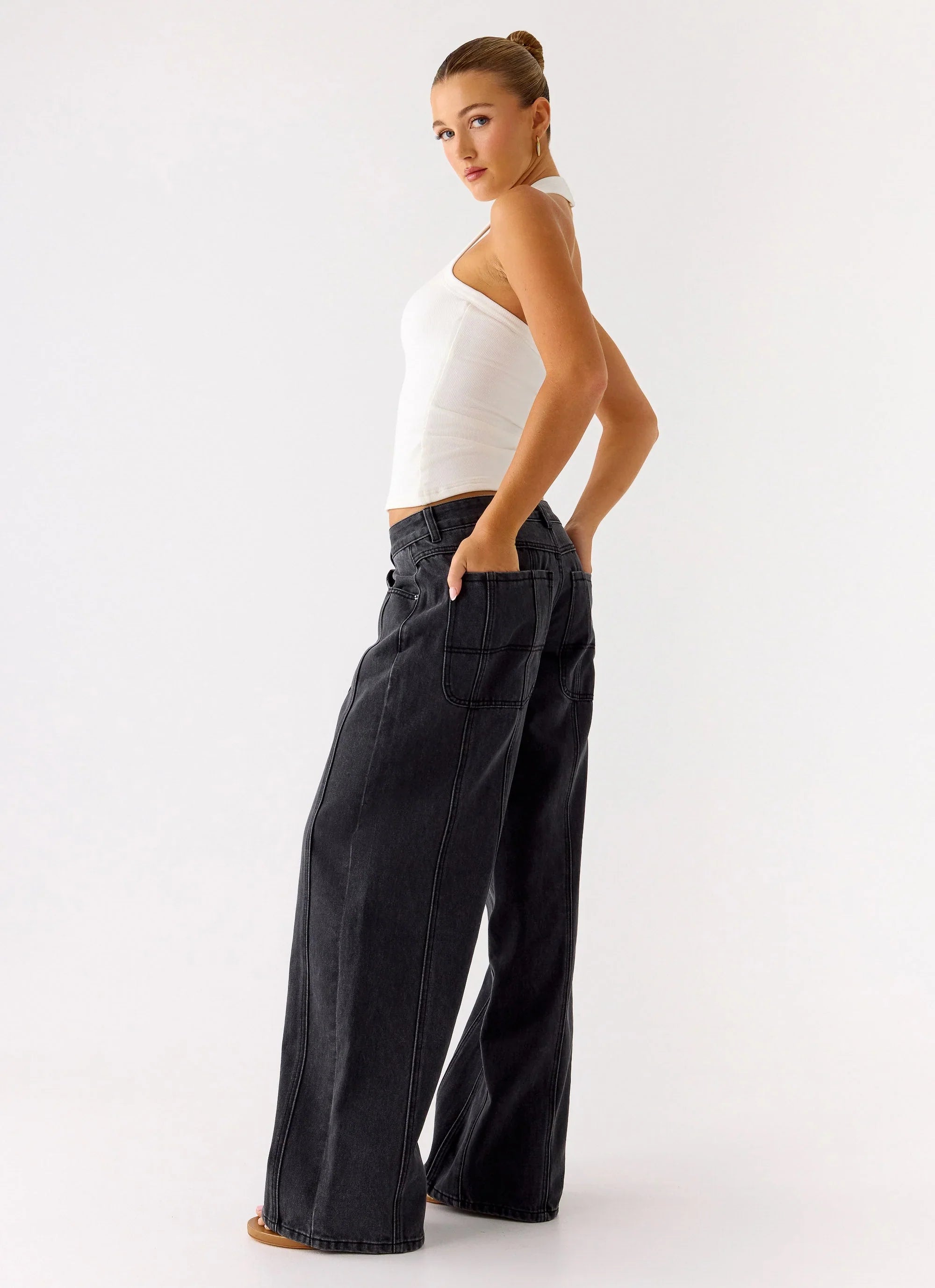 Johnny Low Rise Wide Leg Denim Jeans Grey Charcoal
