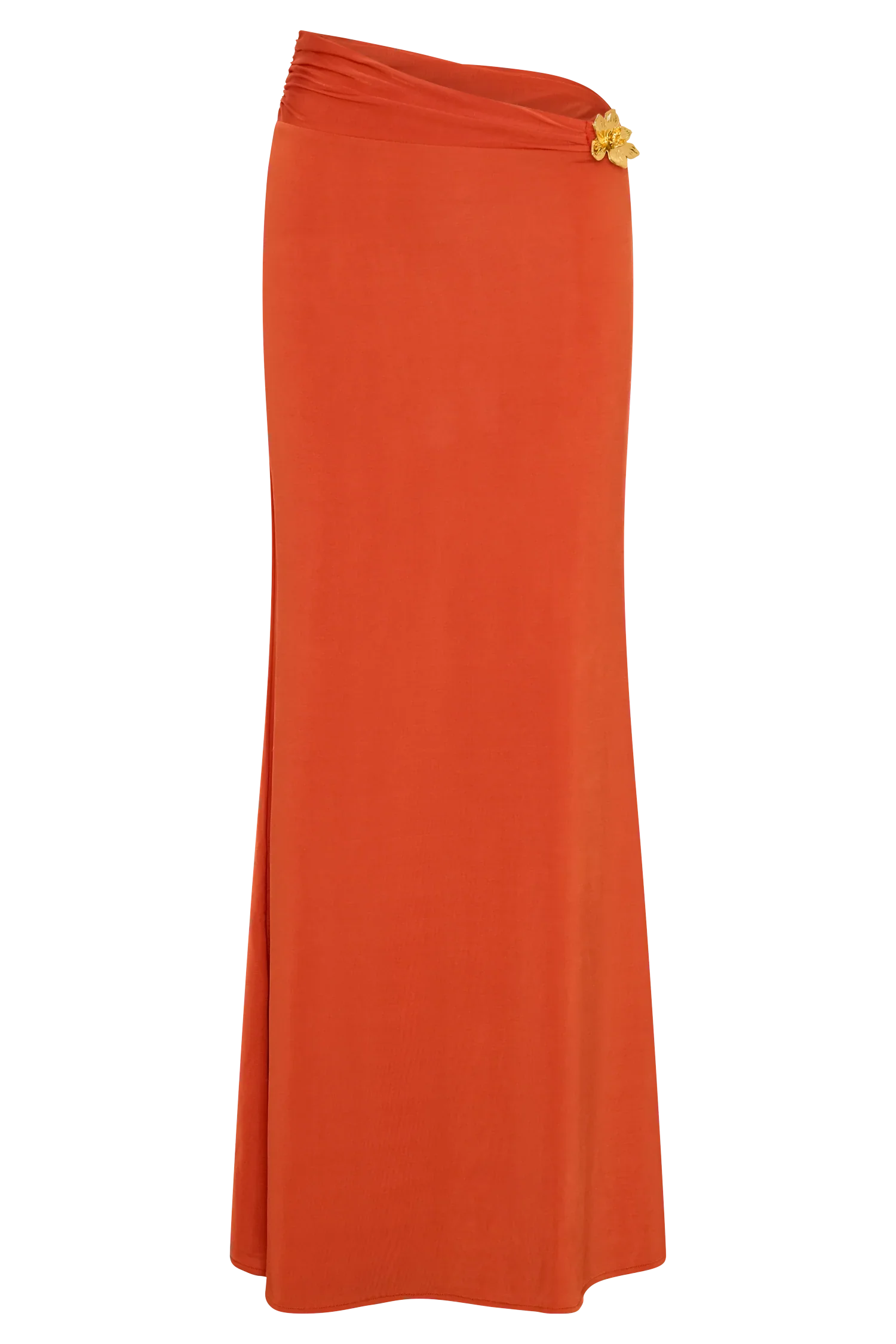 Ainsley Asymmetrical Maxi Skirt With Floral Hardware Burnt Orange
