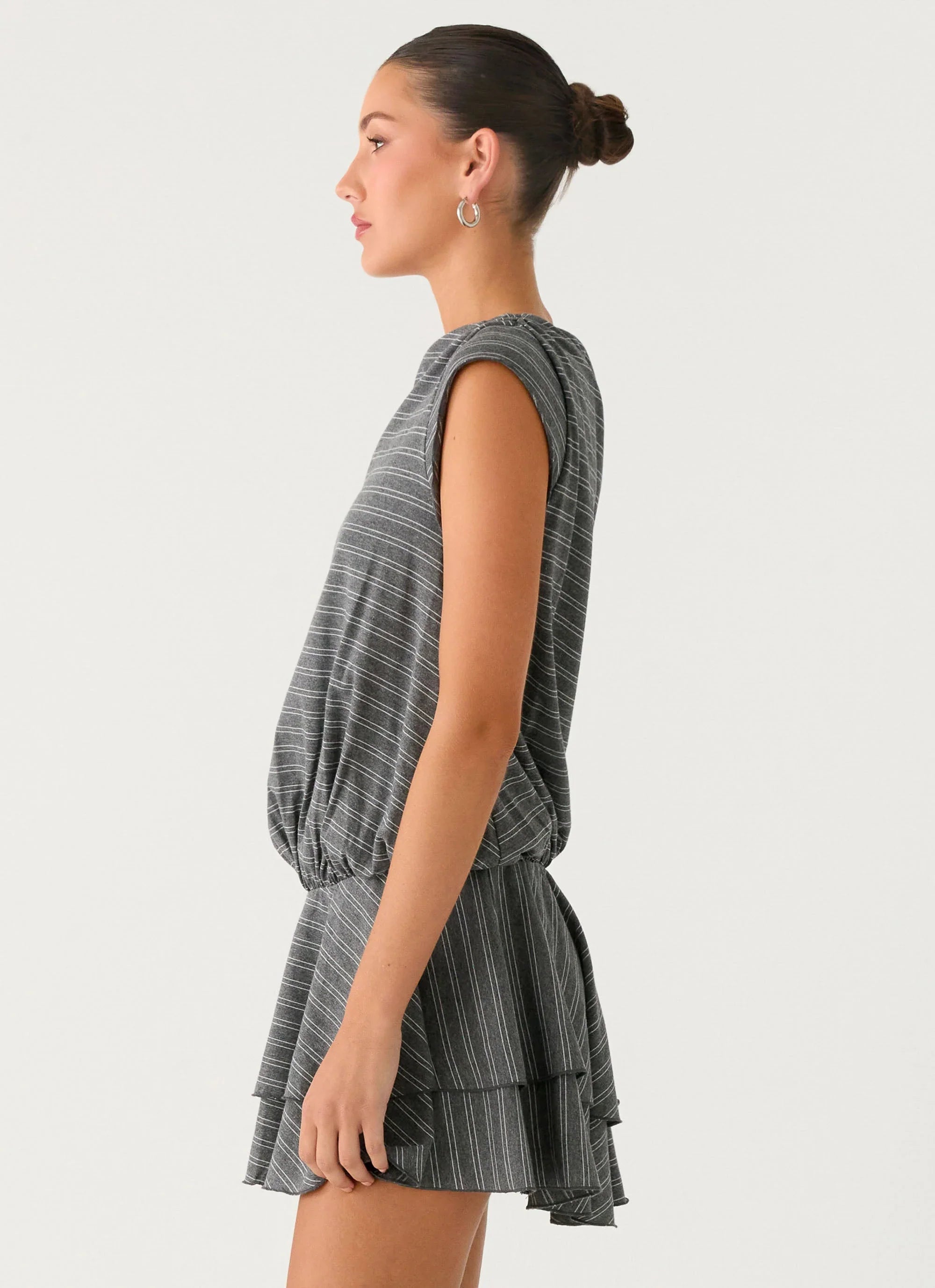 Bambola Wide Neck Mini Dress Grey Marle Stripe