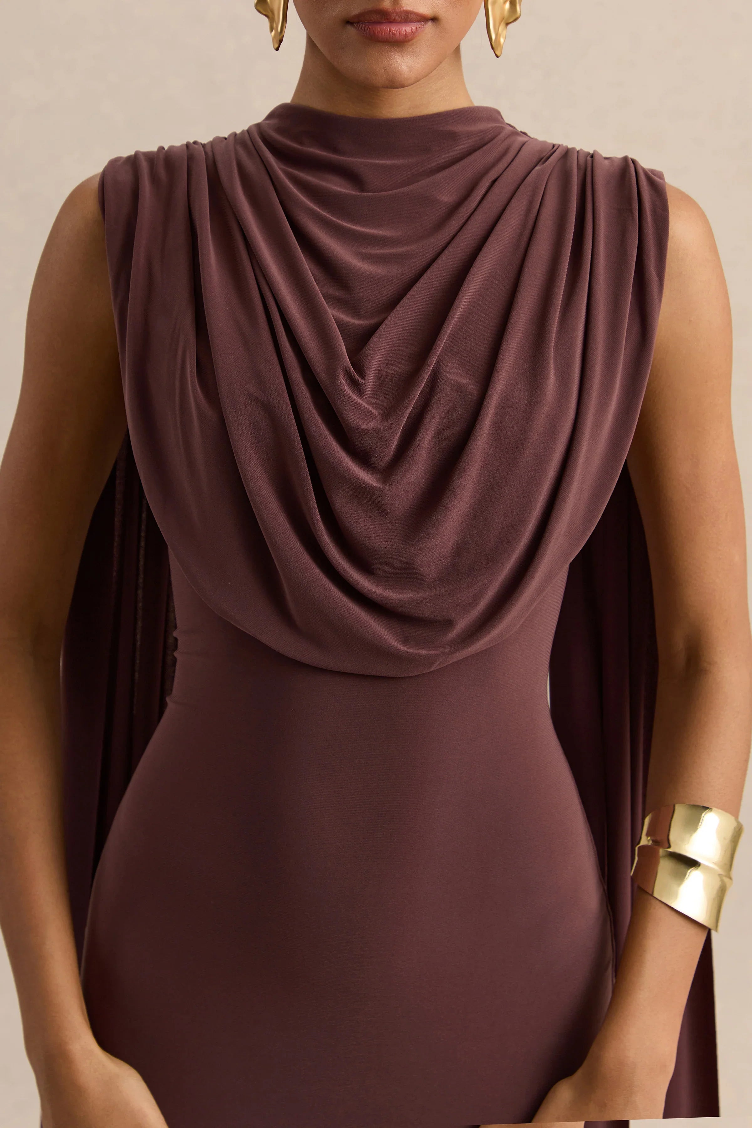 Patrina Brown High Neck Maxi Dress With Draped Detailing And Cape Sleeves