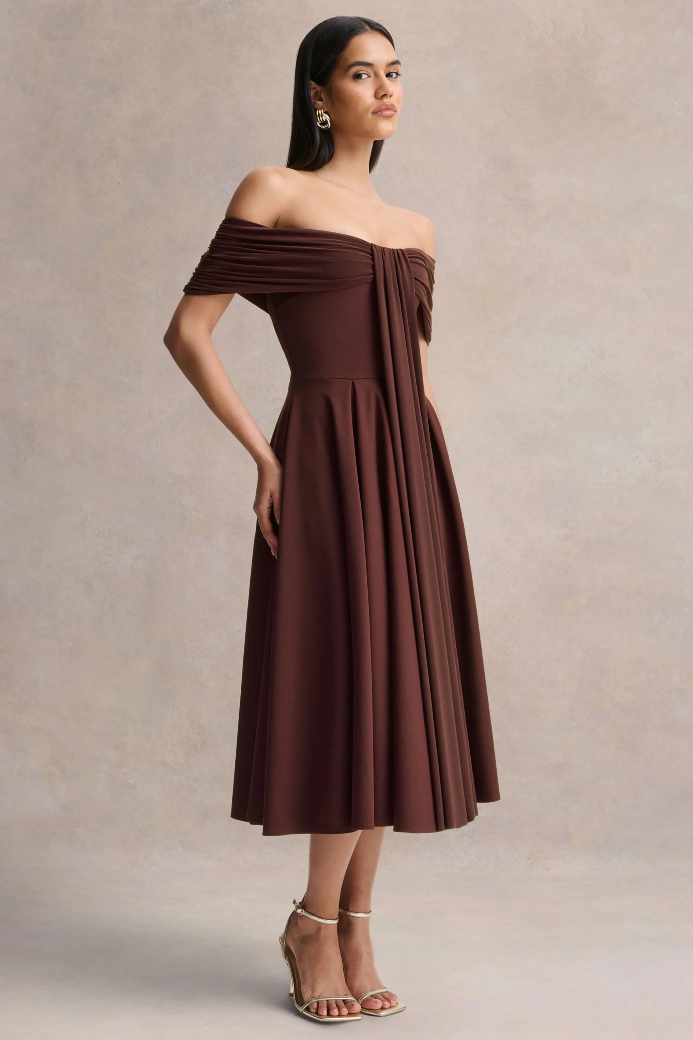 Dearest Brown Bardot Neck Midi Dress