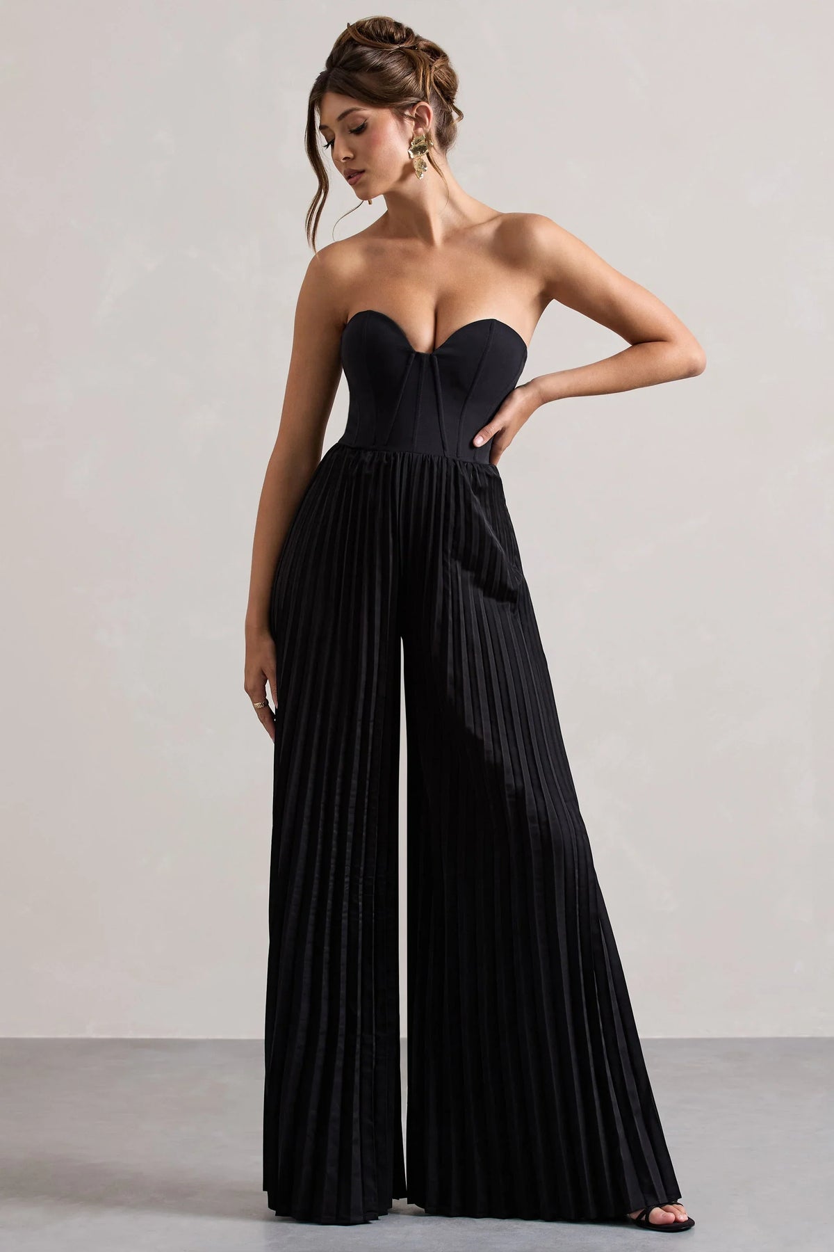 Lorelai Black Corset Plisse Wide Leg Jumpsuit