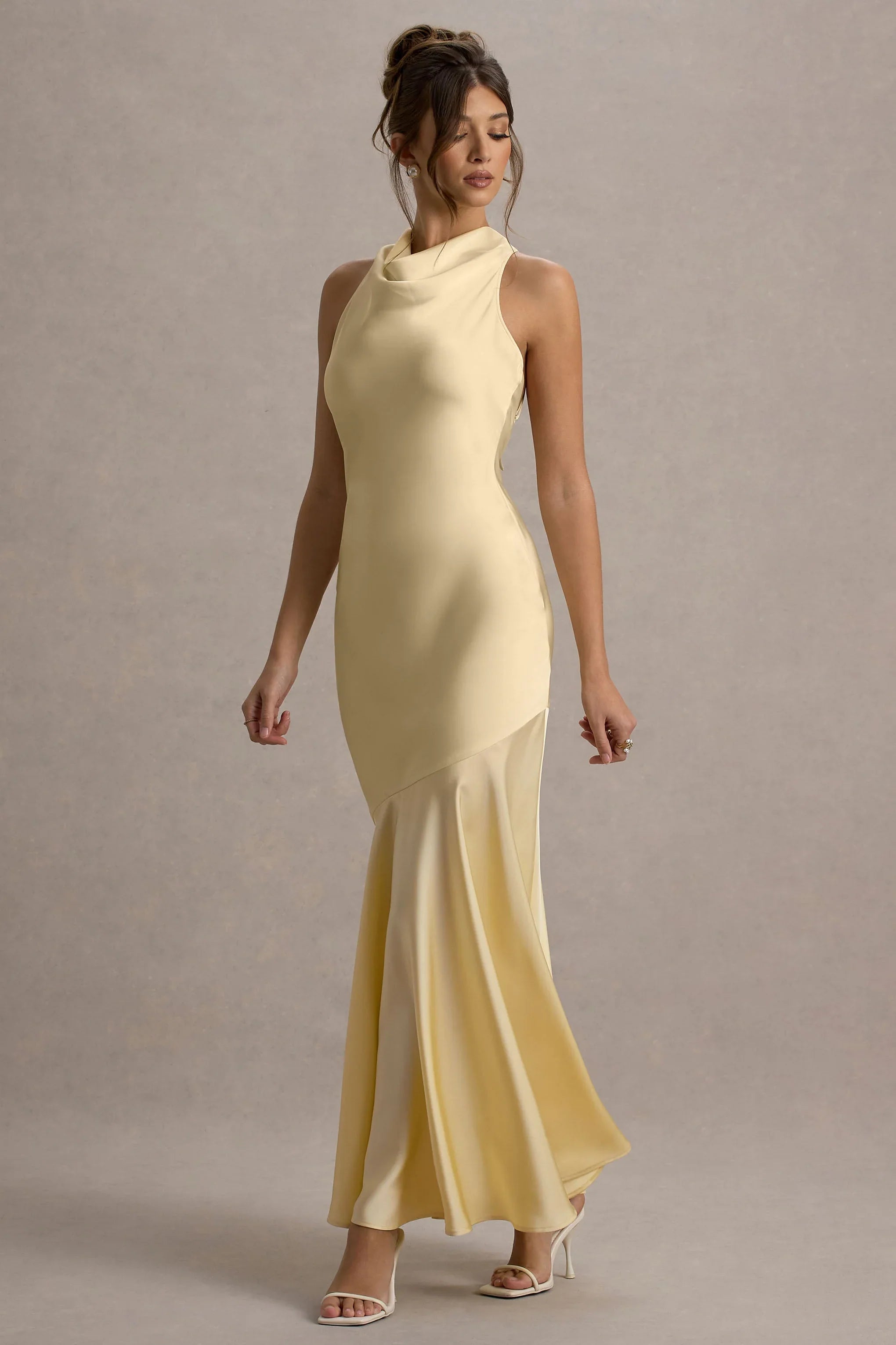 Amelita Lemon Satin Cowl Neck Maxi Dress
