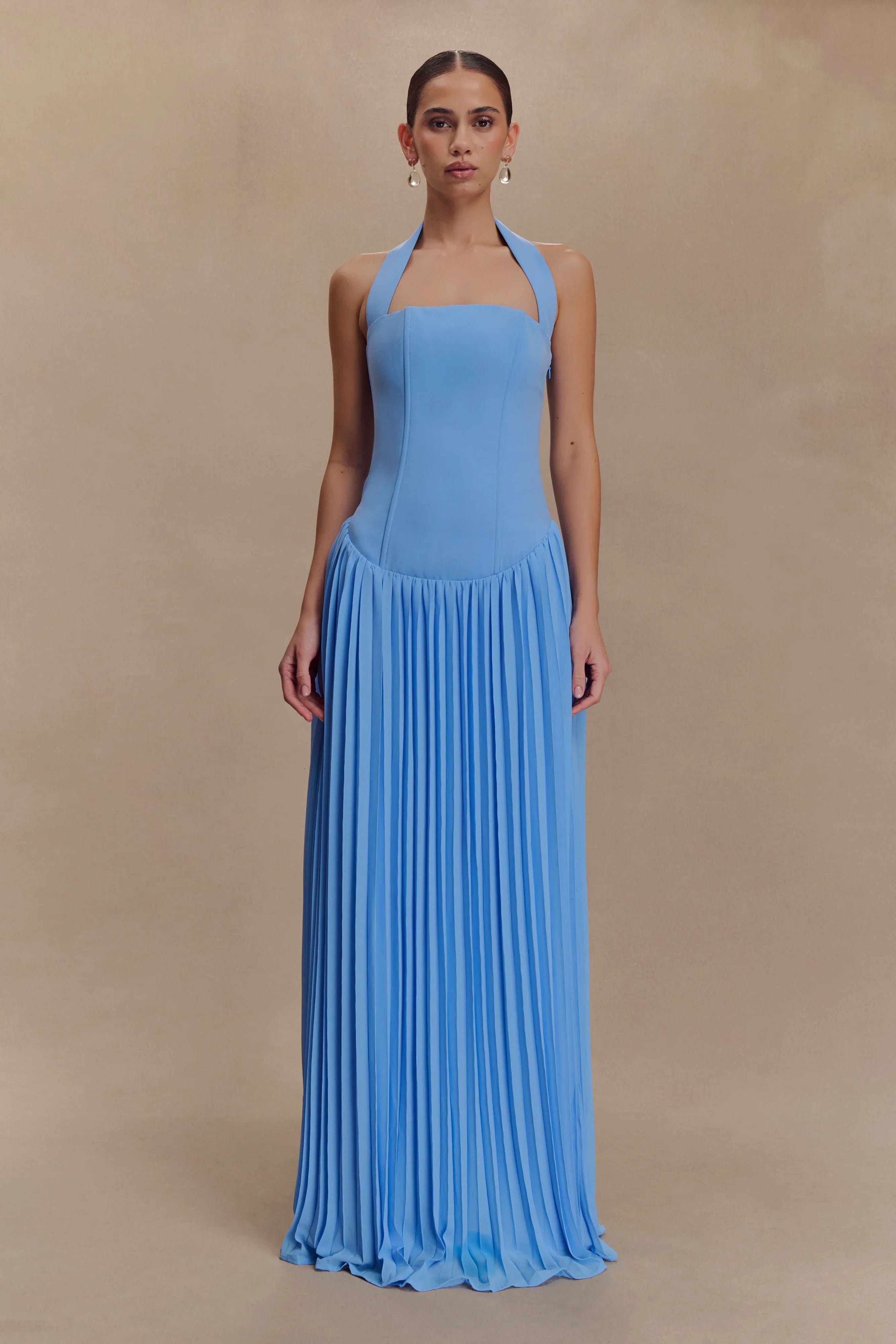 Stacie Pleated Halter Maxi Dress Bright Blue