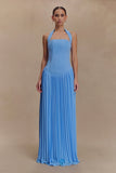 Stacie Pleated Halter Maxi Dress Bright Blue