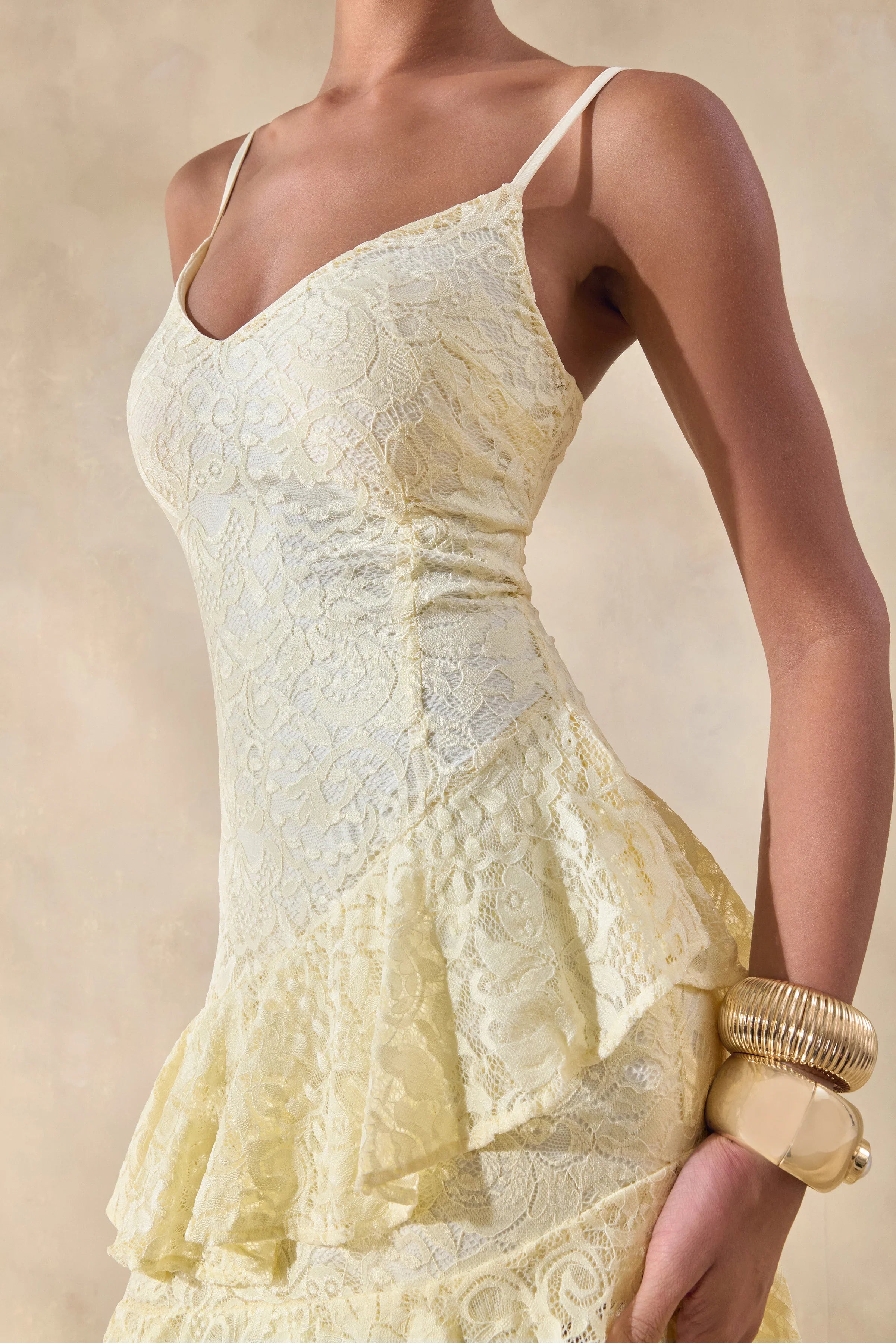 Avelisse Lemon Lace Plunge Neck Maxi Dress With Ruffled Detailing
