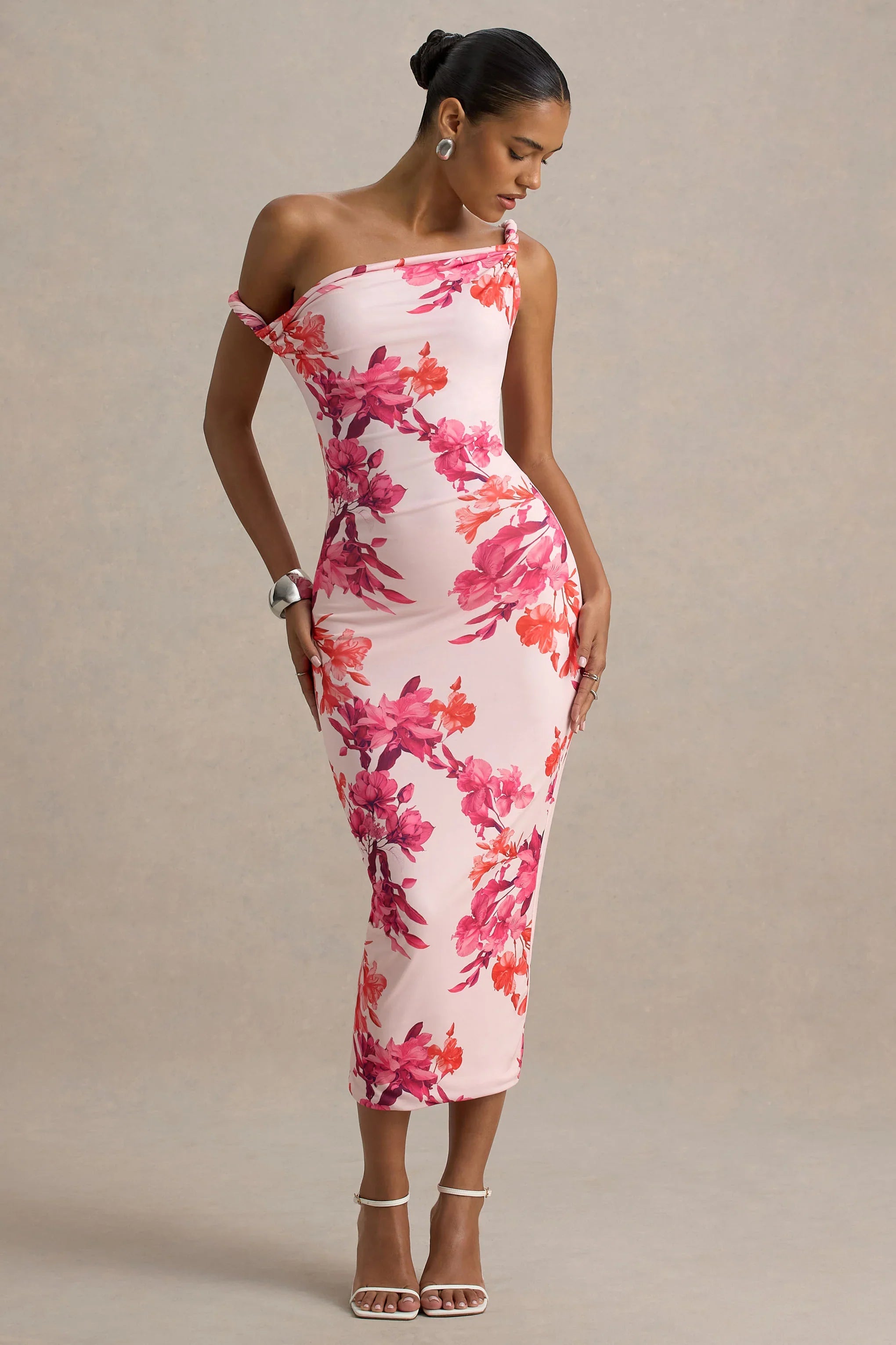 Tatian Pink and Orange Floral Print Twisted Asymmetric Midi Dress