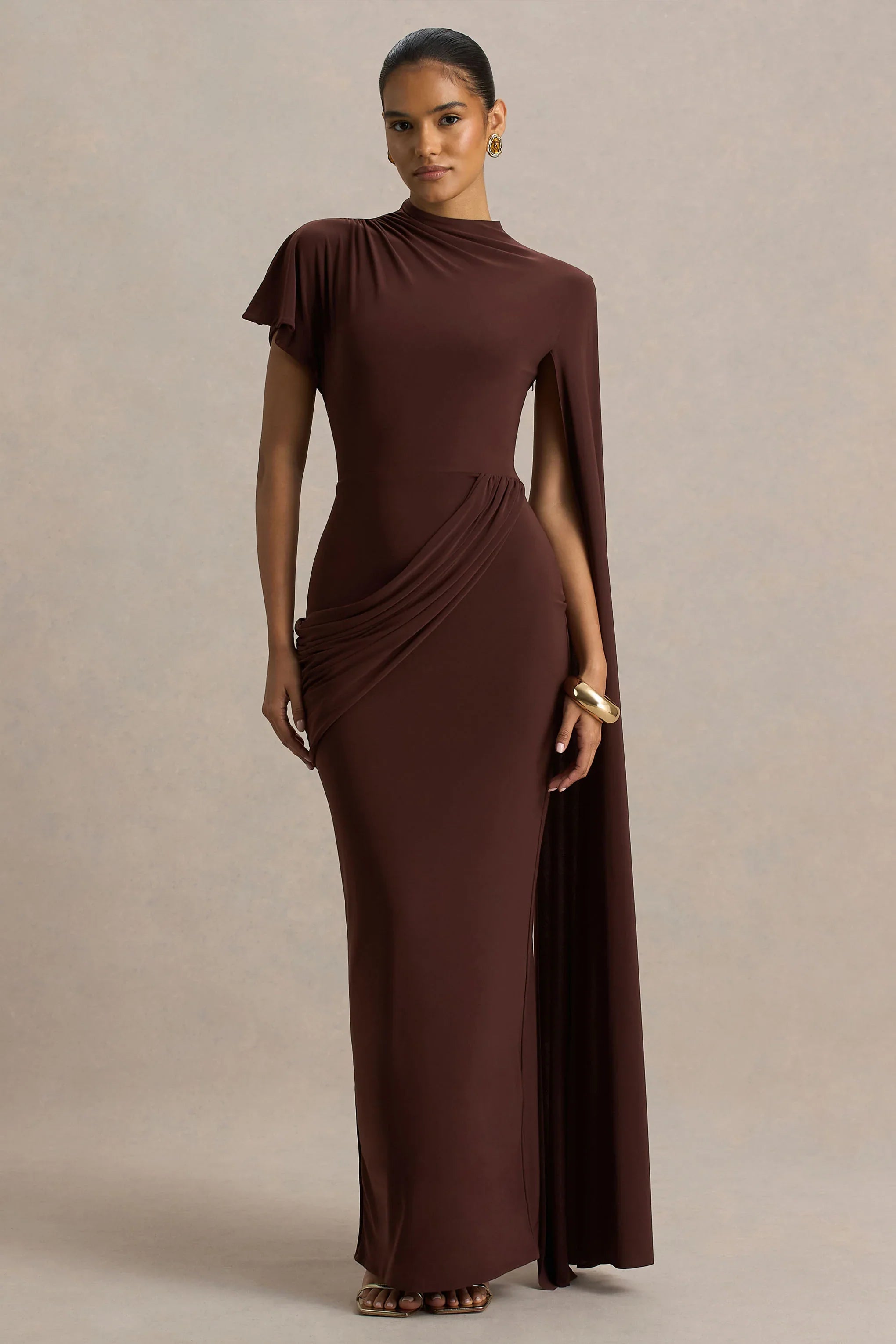 Tropic Brown High Neck Maxi With Long Cape Sleeve