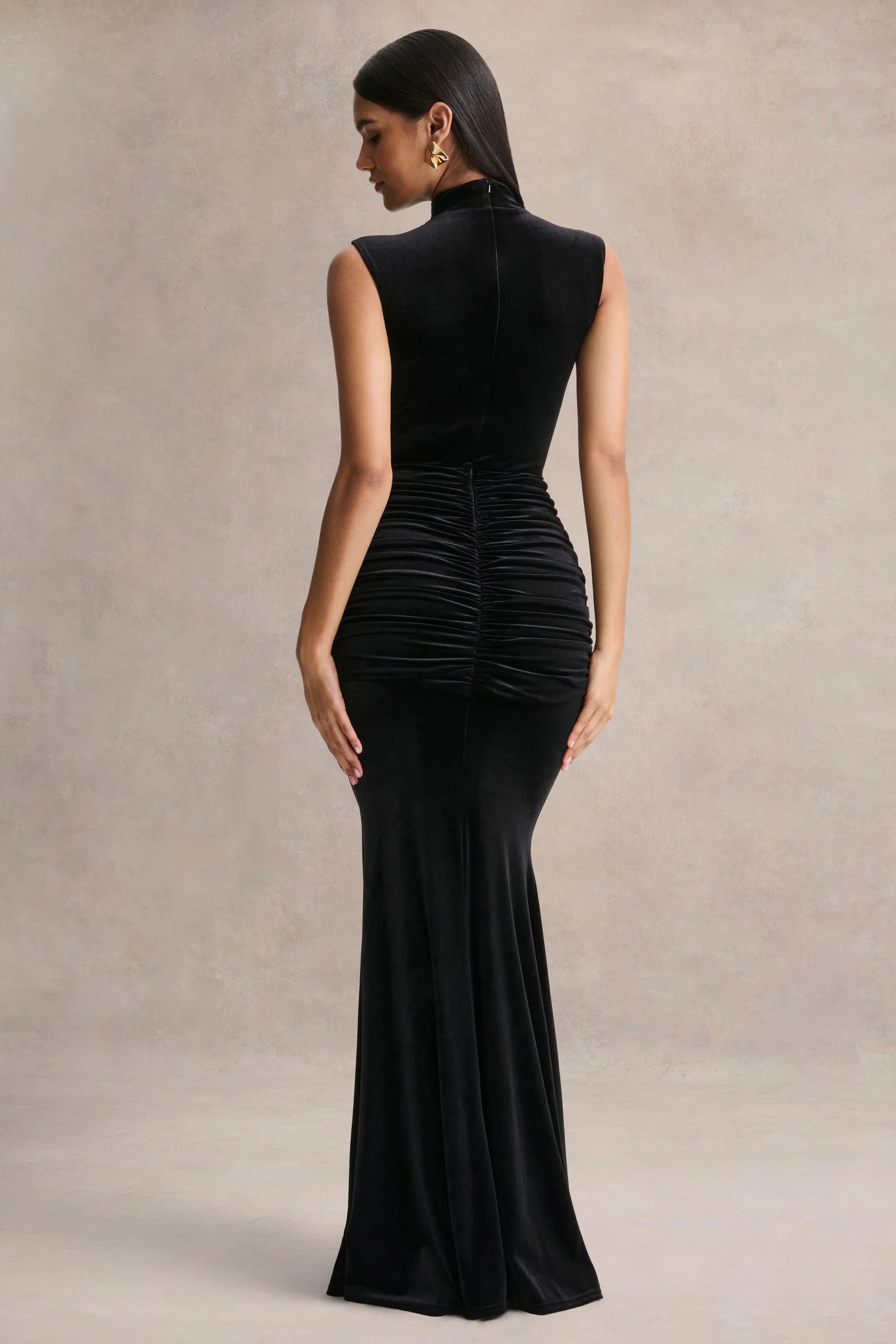 Idalina Black Velvet High Neck Maxi Dress With Gathered Detailing