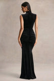 Idalina Black Velvet High Neck Maxi Dress With Gathered Detailing
