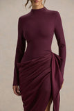 Raffie Plum Long Sleeve Midi Dress With Satin Wrap Skirt