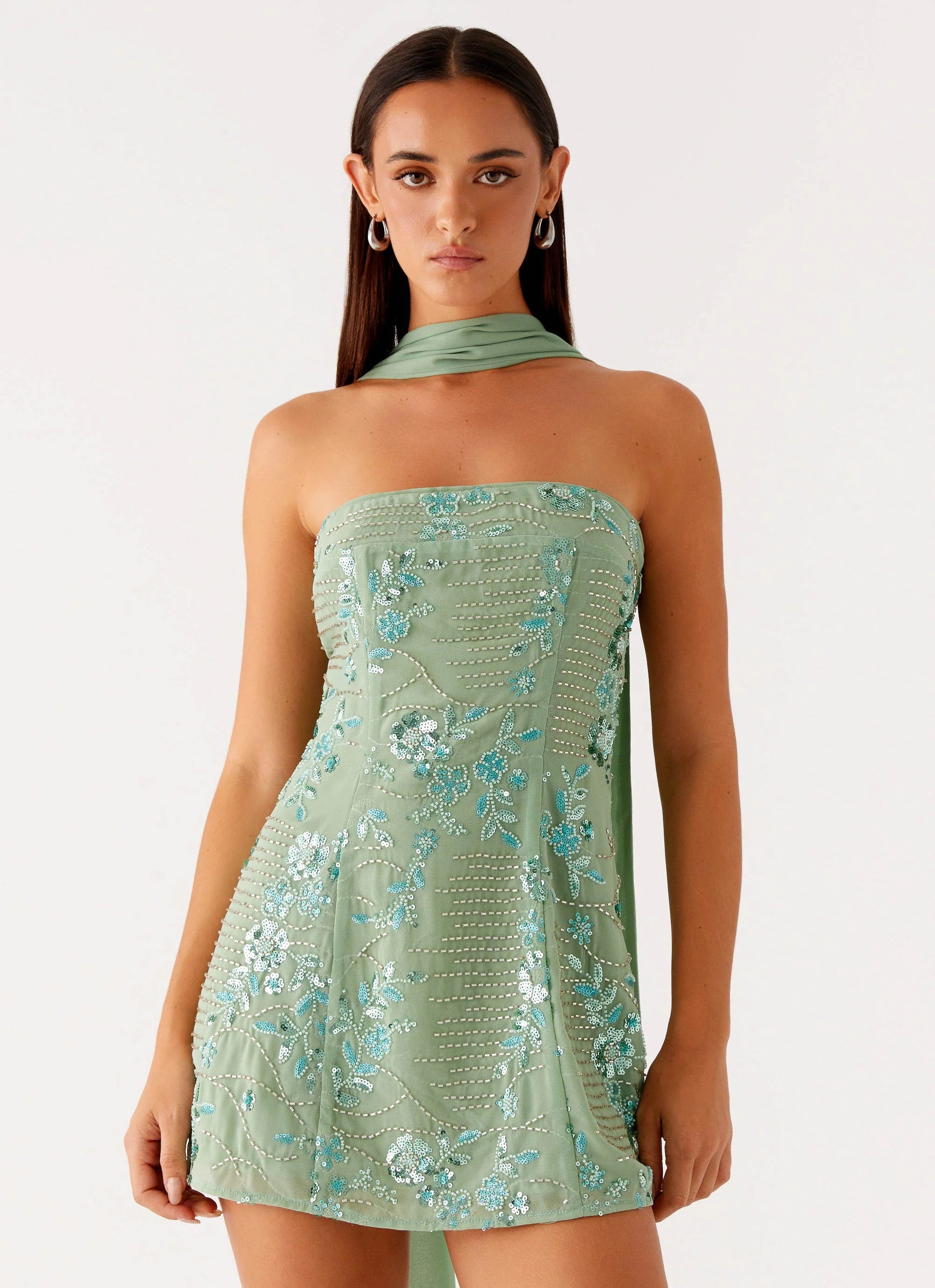 Kiesha Strapless Scarf Mini Dress Mint