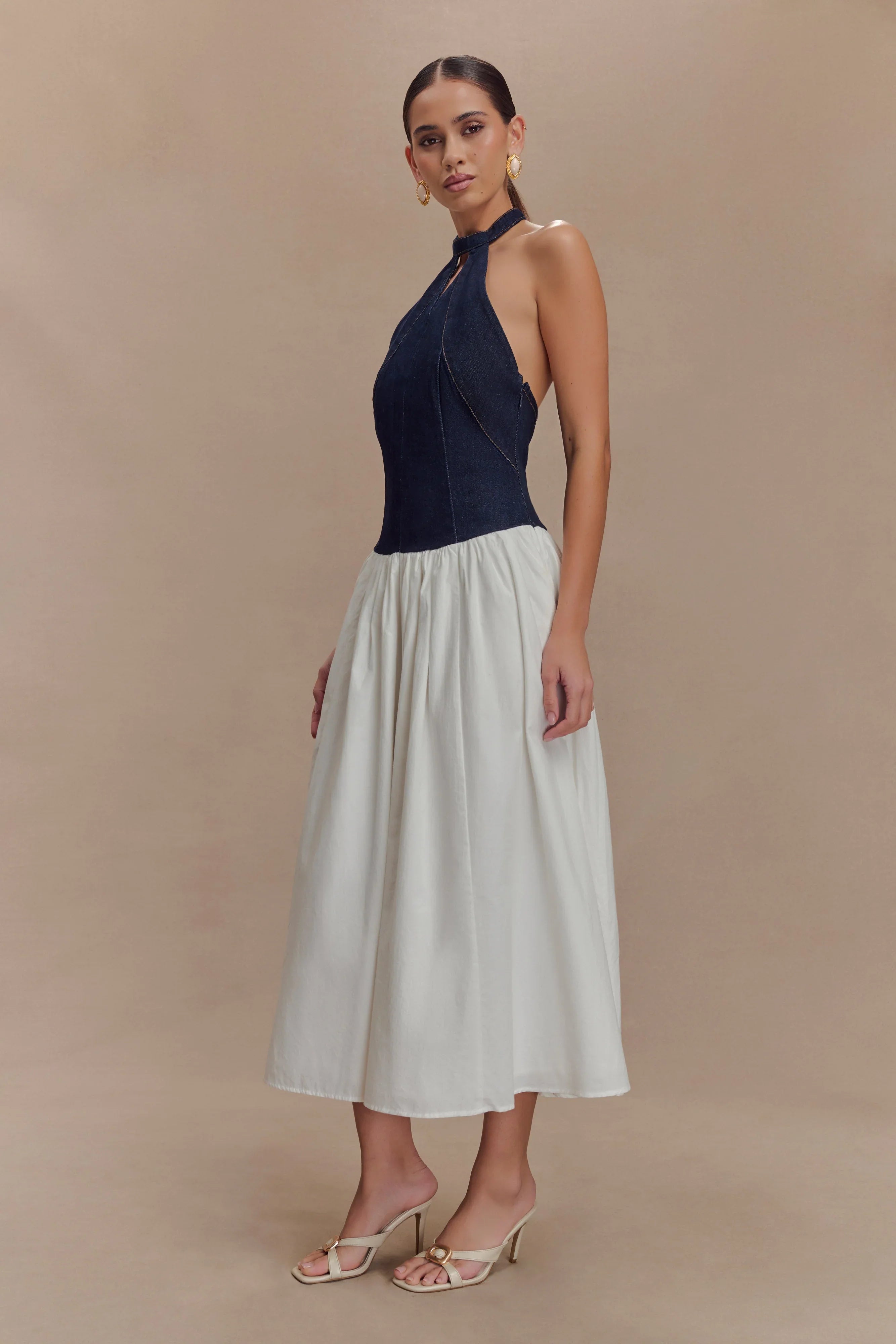 Ashwin Denim Cotton Midi Dress Indigo Blue