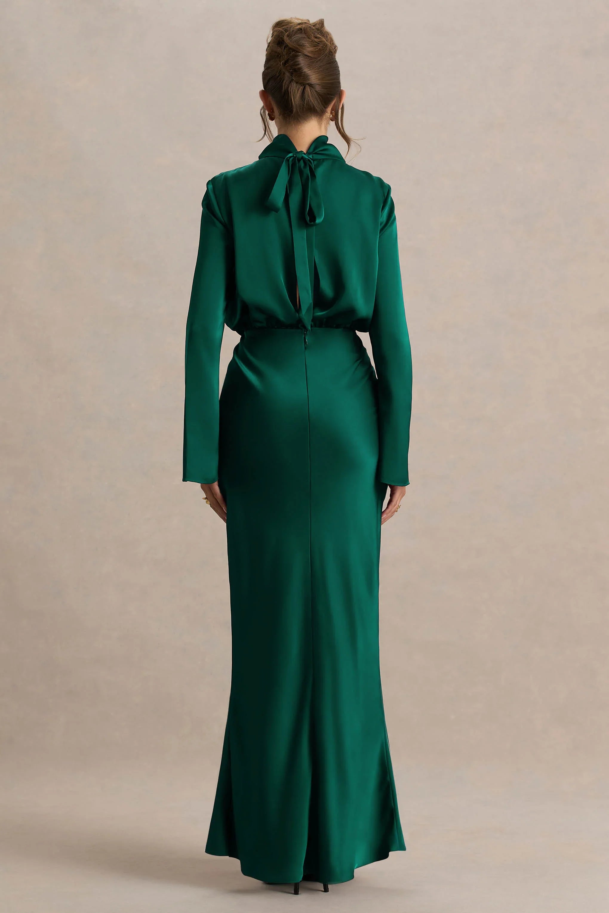 Celina Bottle Green Satin High Neck Maxi Dress