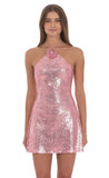 Sequin Florette Halter Dress in Pink