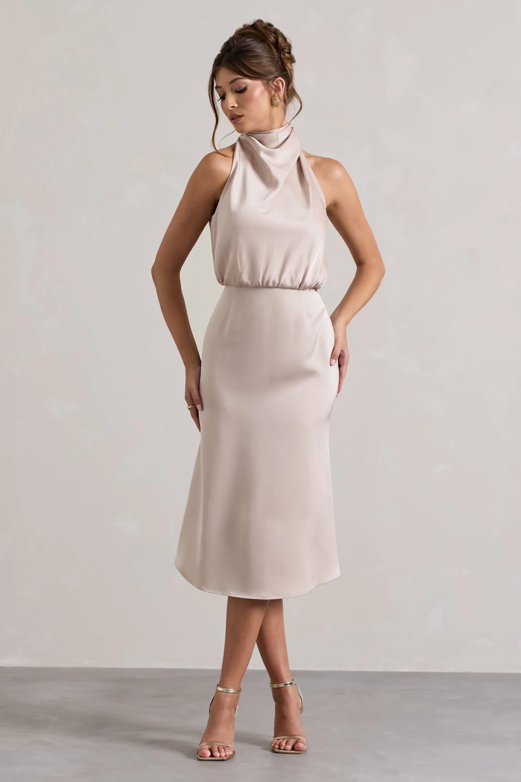 Geena Champagne Satin Twisted High Neck Midi Dress