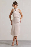 Geena Champagne Satin Twisted High Neck Midi Dress