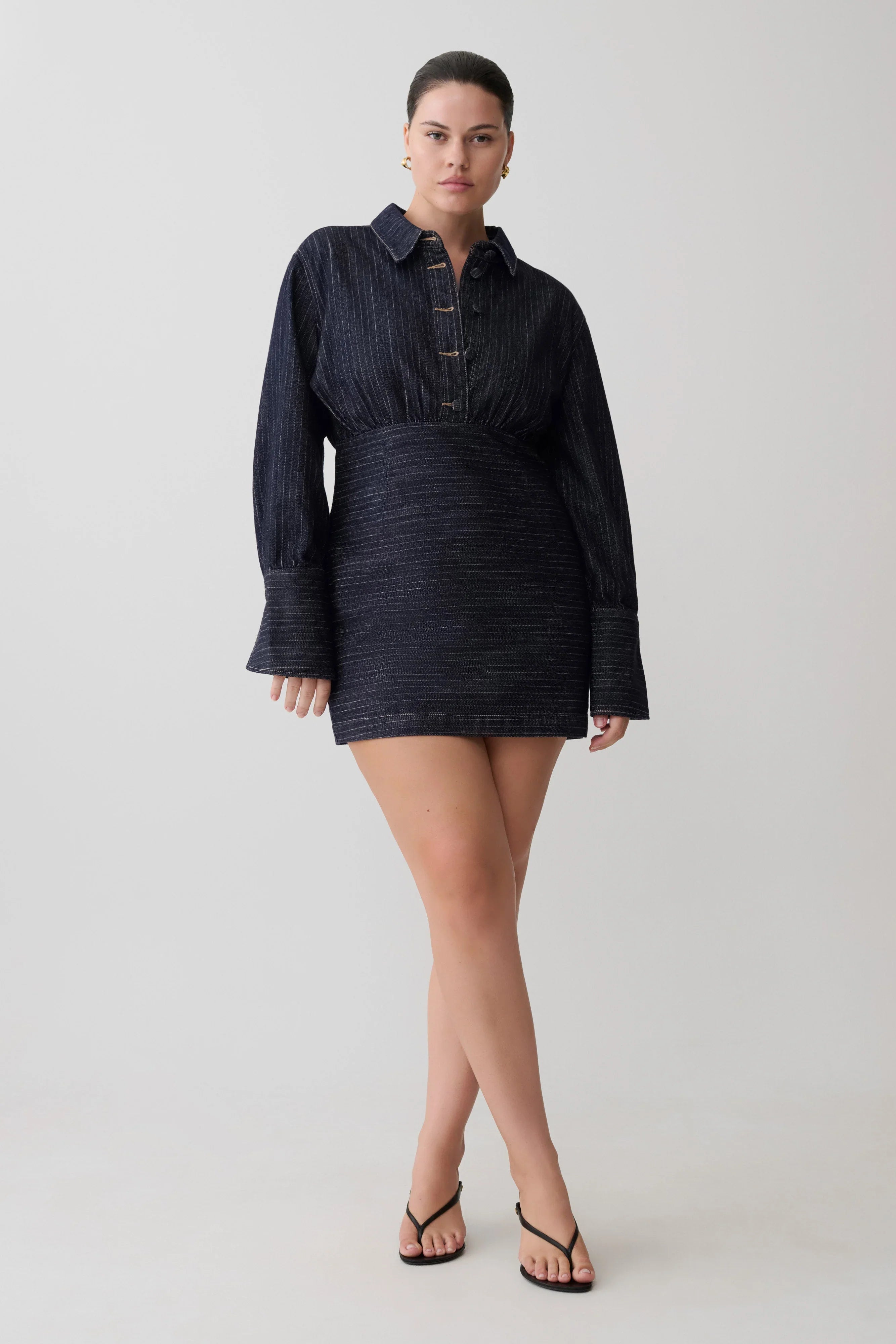 Zarah Denim Long Sleeve Mini Dress Indigo Pinstripe