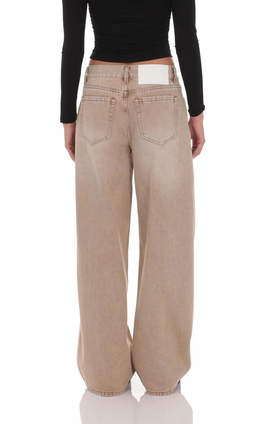 Drawstring Wide Leg Jeans in Camel