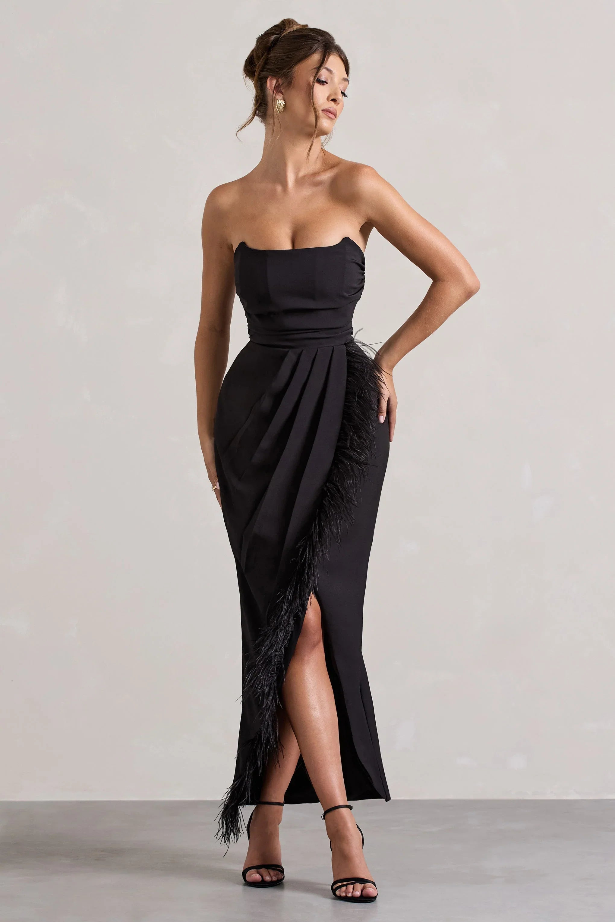 Chosen Black Bandeau Wrap Maxi Dress With Feather Trim