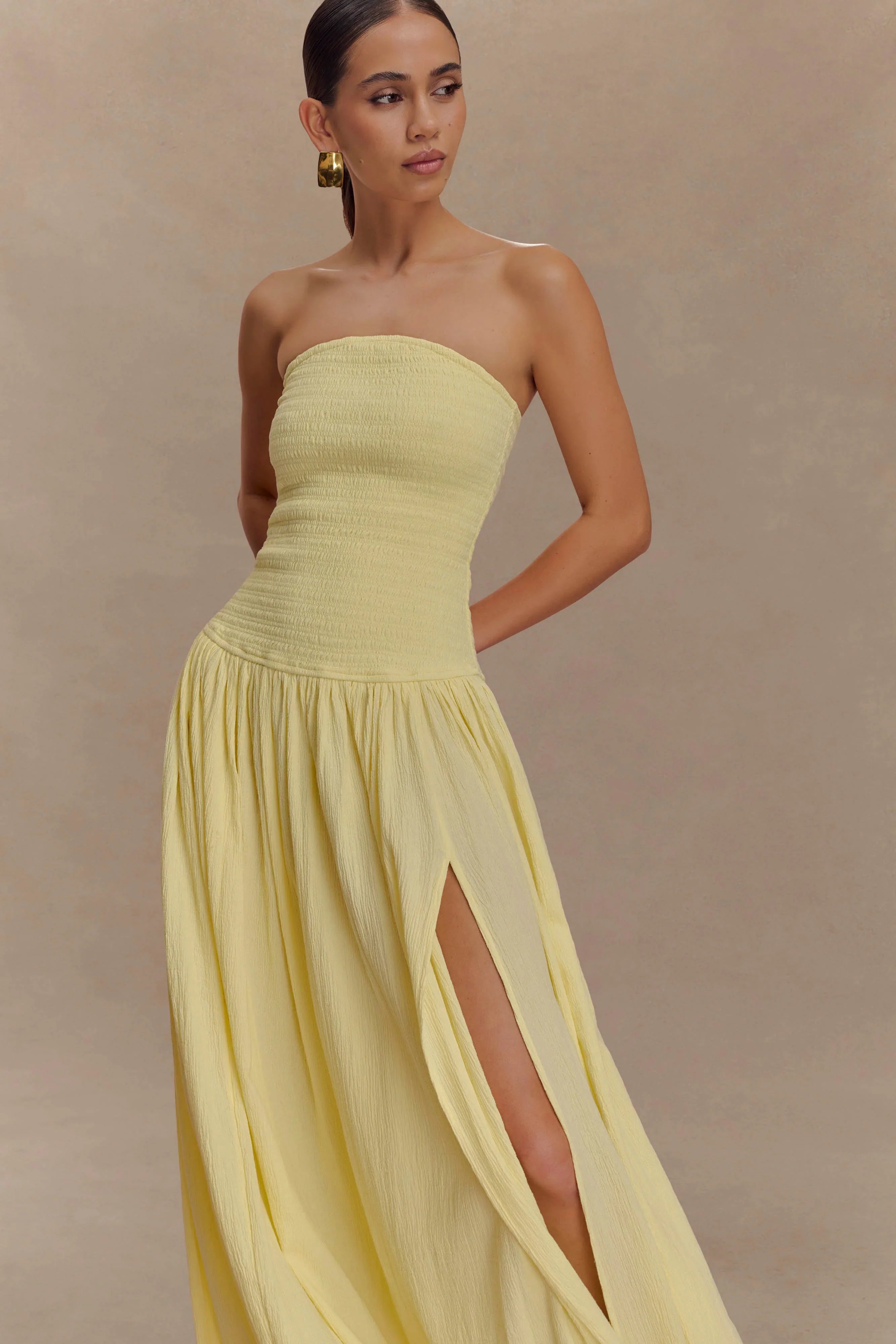 Maureen Cotton Shirring Maxi Dress Lemon