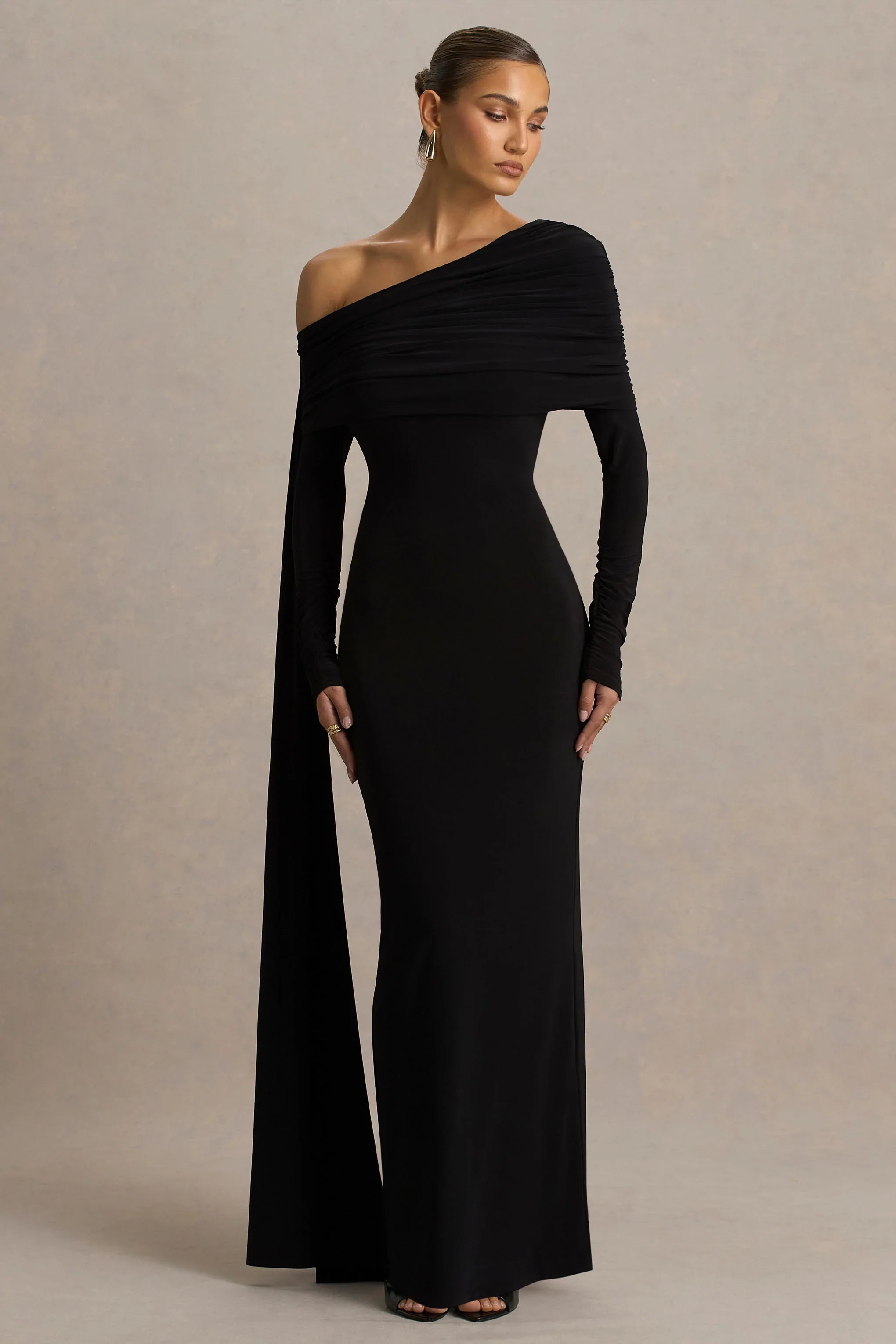 Octavia Black Bardot Neck Maxi Dress With Cape And Ruched Detailing