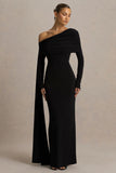 Octavia Black Bardot Neck Maxi Dress With Cape And Ruched Detailing