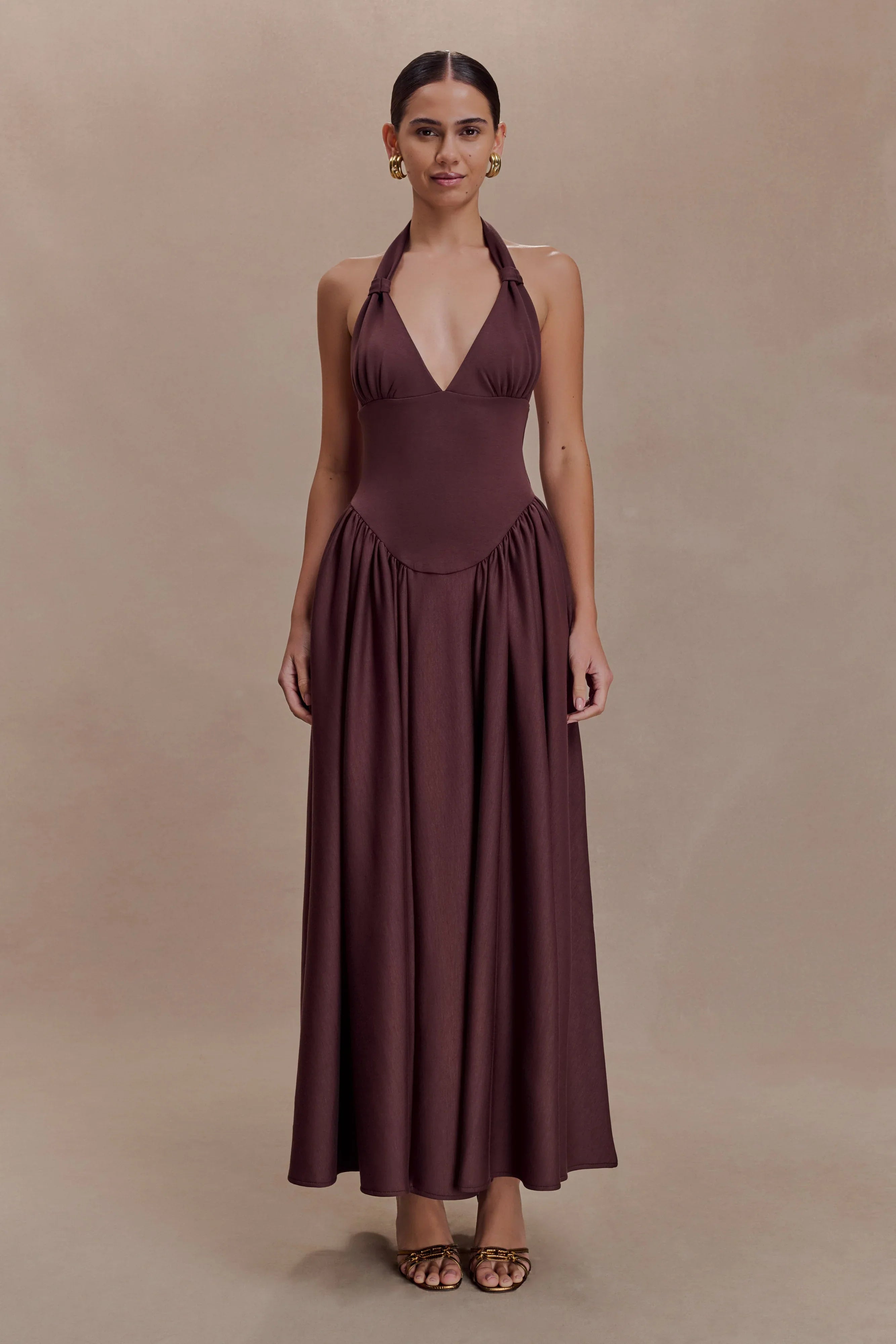 Angelina Scuba Halter Midi Dress Chocolate