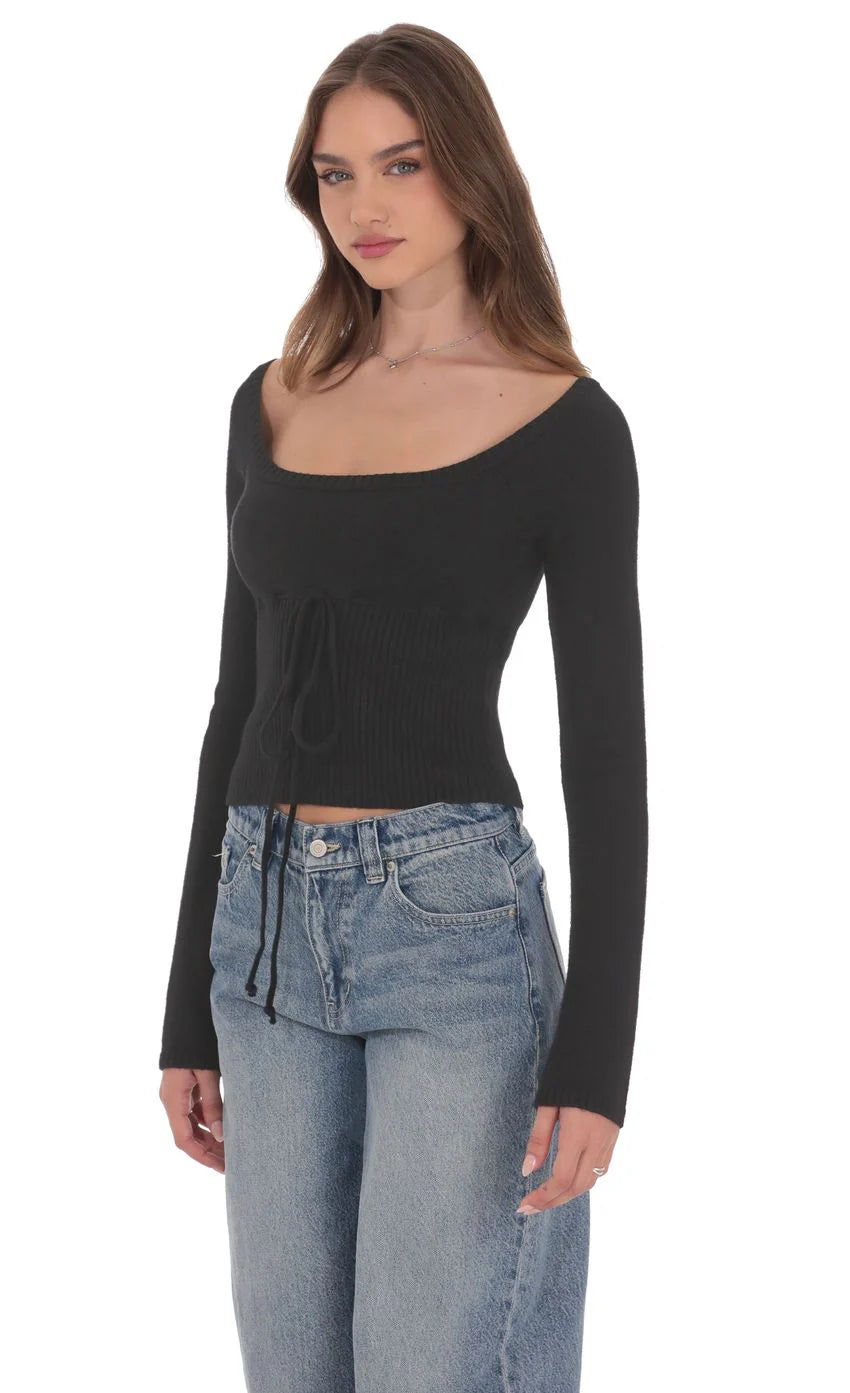 Knit Cinch Drawstring Top in Black