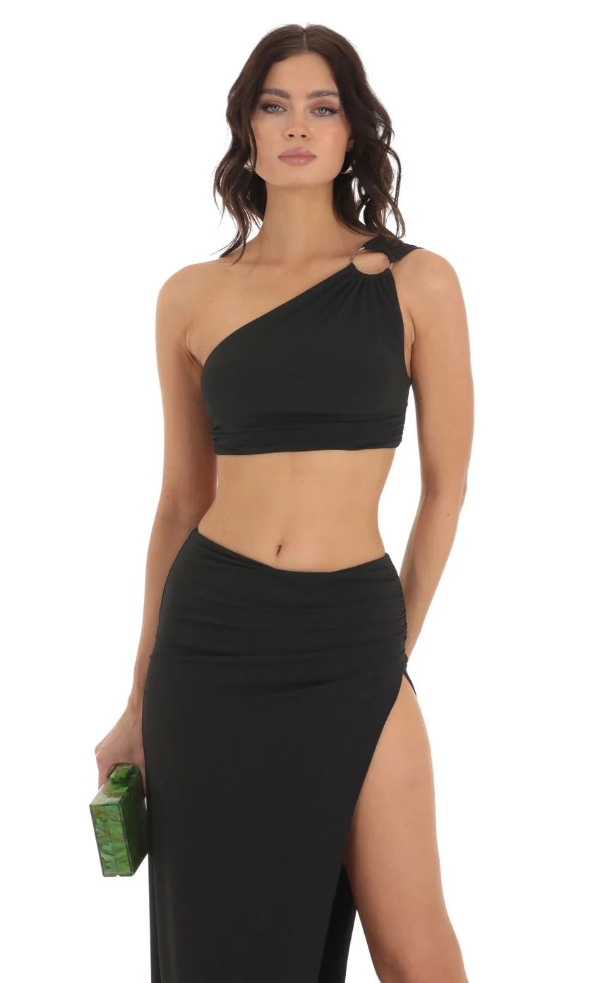 One Shoulder Two Piece Set in Black