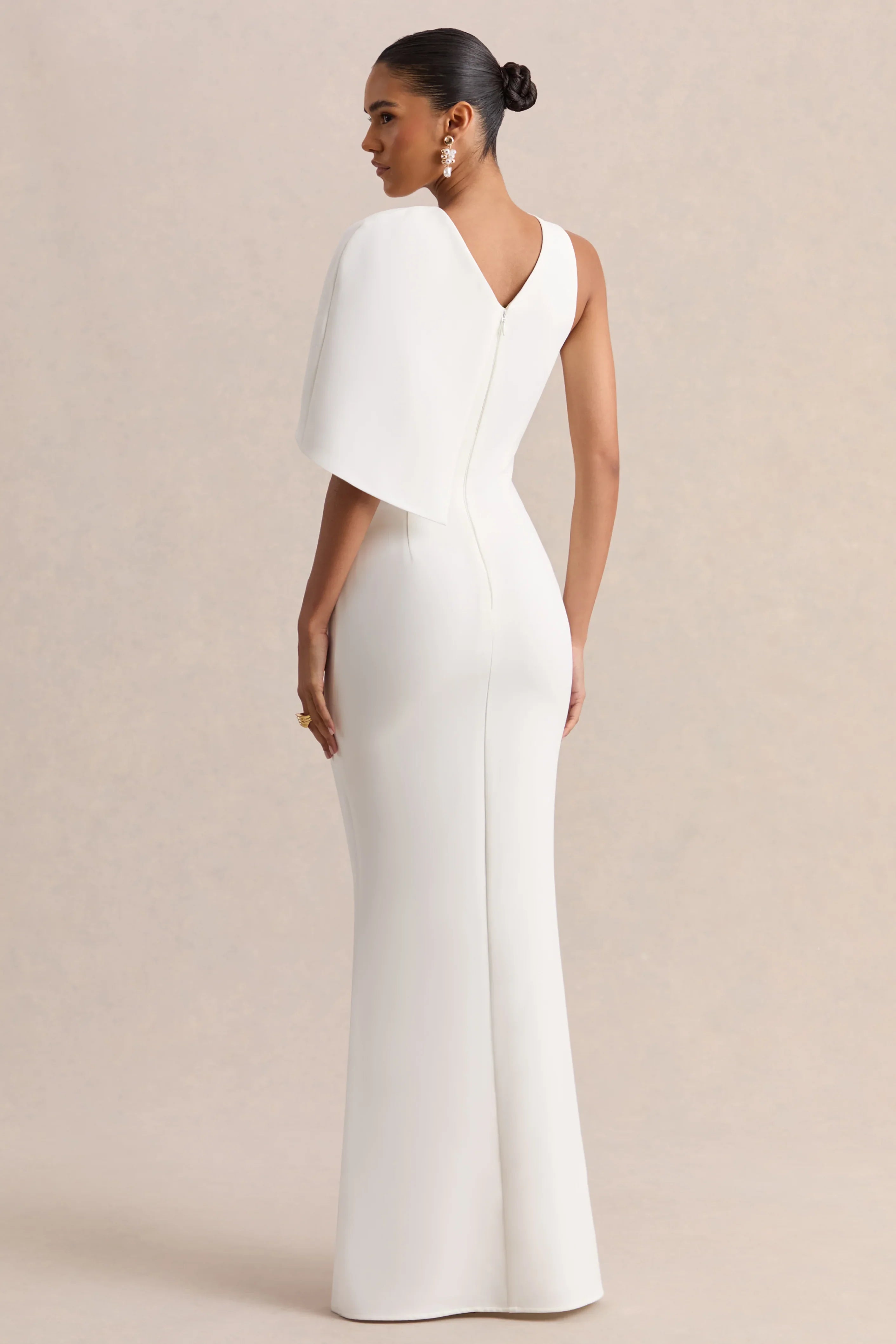 Quira White Asymmetric Neck Maxi Dress With Cape Sleeve