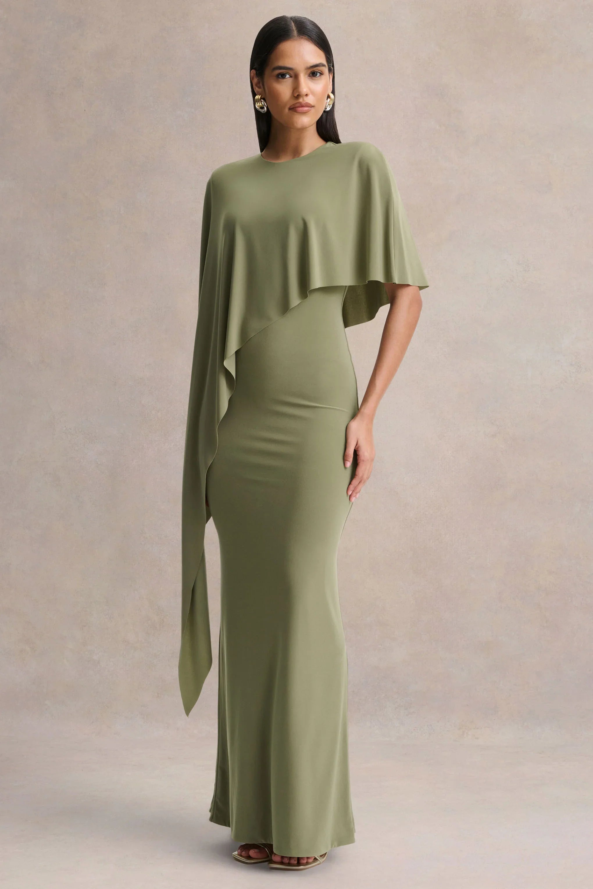 Ravena Olive Crew Neck Maxi Dress With Asymmetric Cape Sleeve