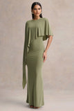 Ravena Olive Crew Neck Maxi Dress With Asymmetric Cape Sleeve