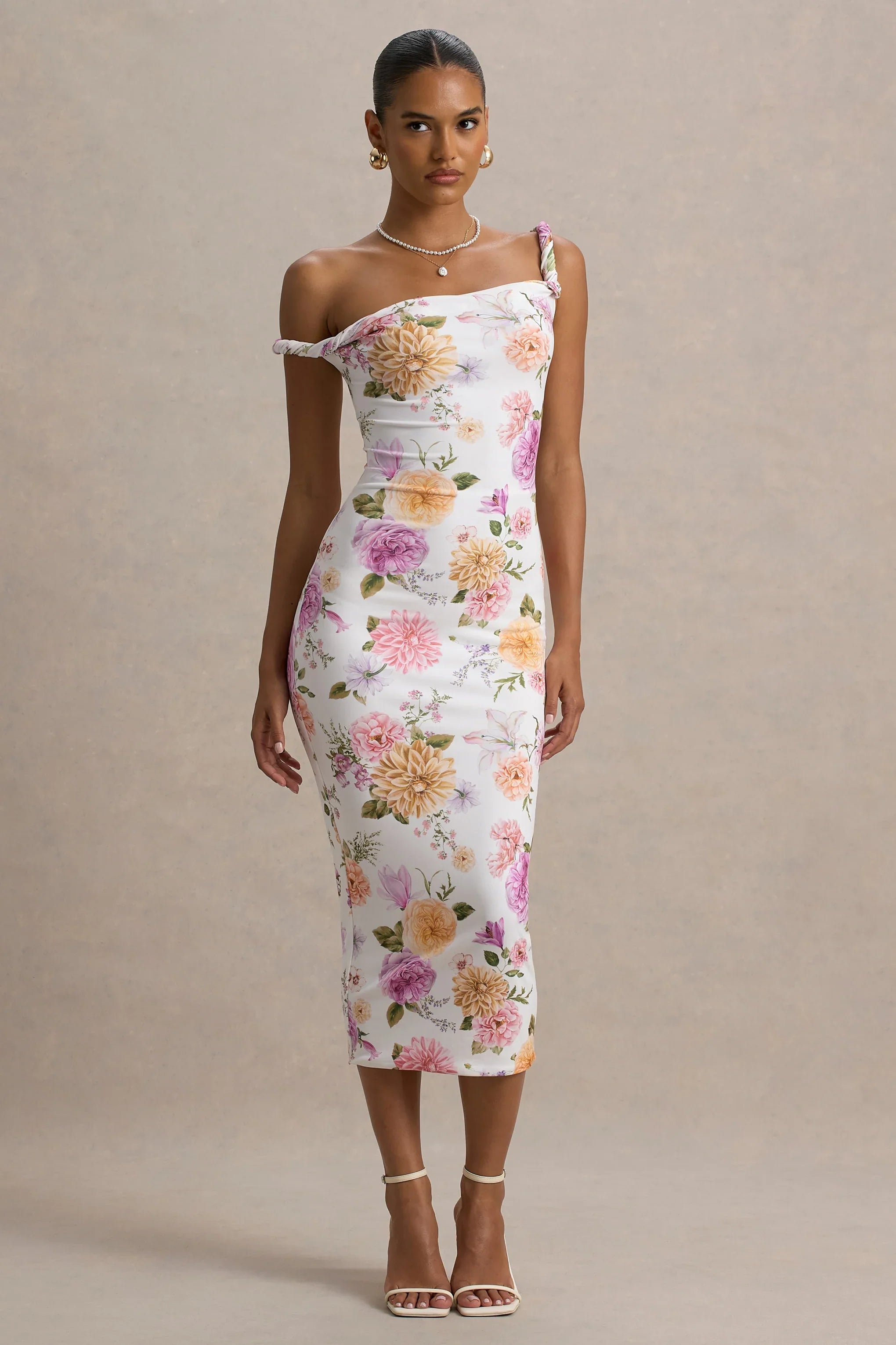 Nora Peach And Lilac Floral Twisted Asymmetric Midi Dress