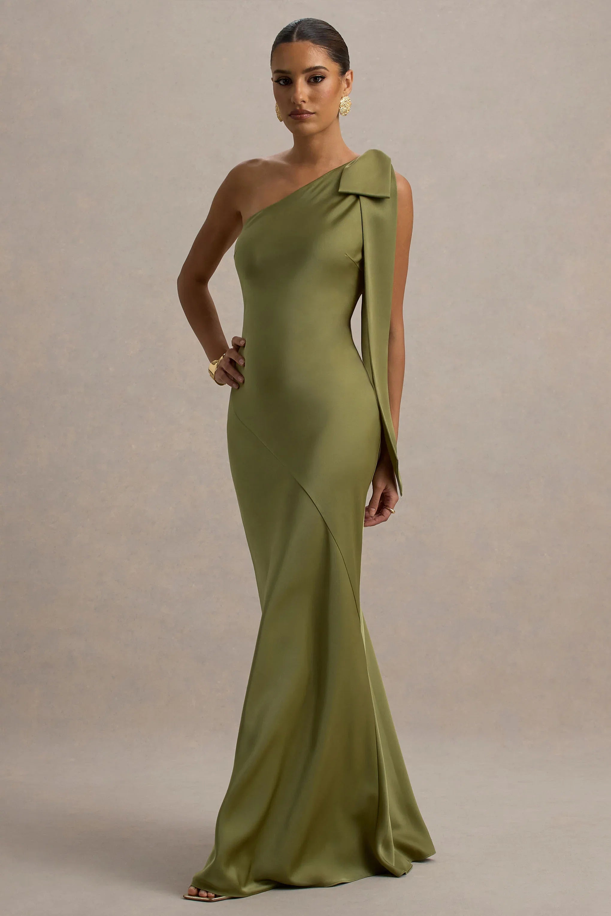 Here For Love Khaki Satin Asymmetric Maxi Dress With Bow